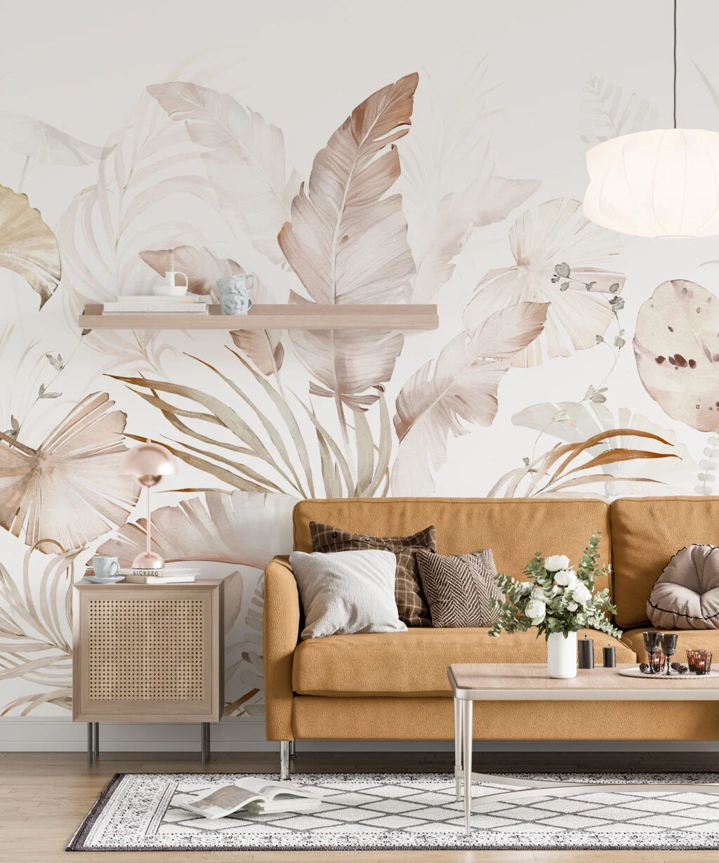 Ethereal Beige Botanical Leaf Wallpaper, Watercolor Effect Natural Leaves Peel & Stick Wall Mural