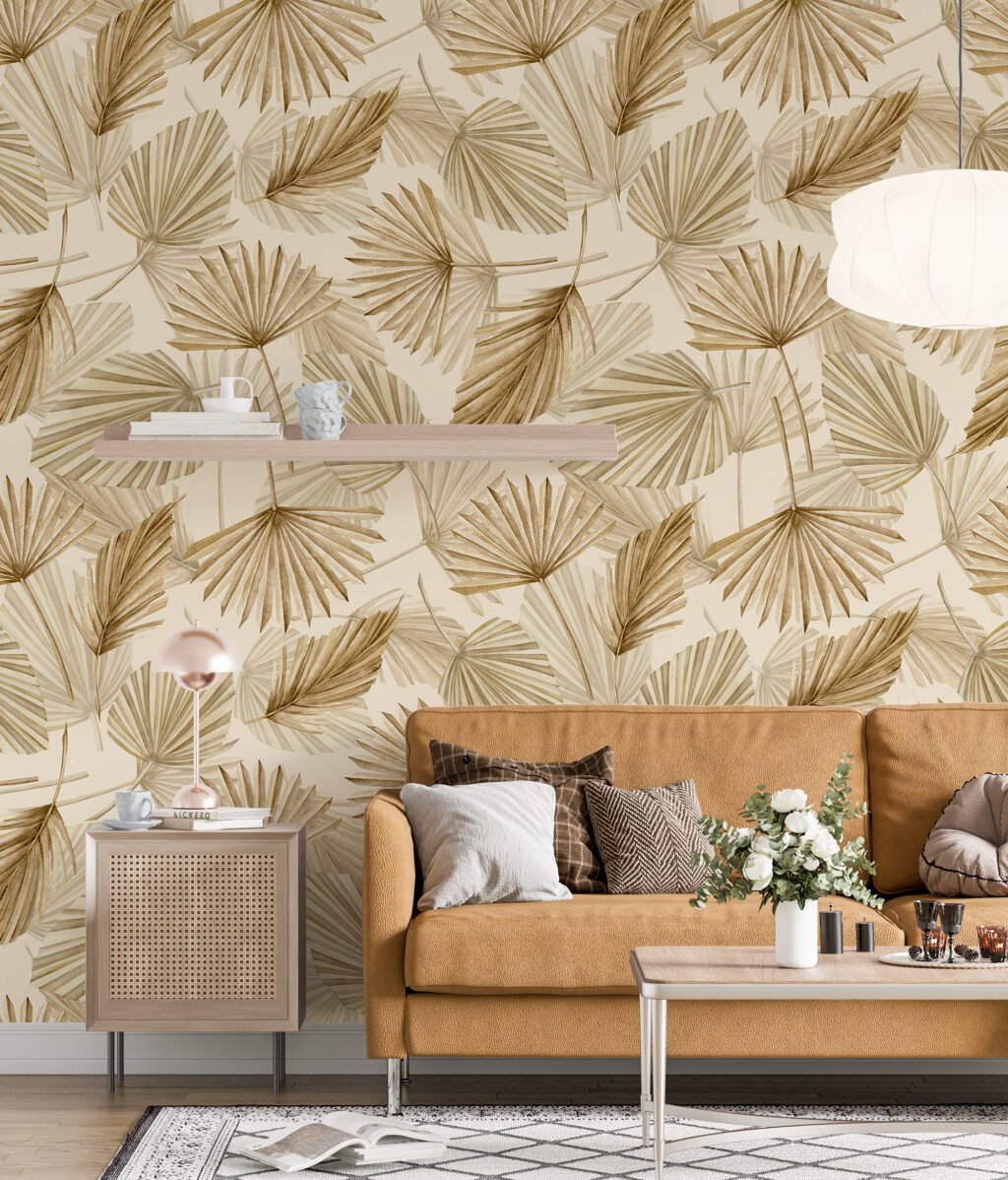 Beige Bohemian Dry Leaves Wallpaper, Serene Boho Tropical Dry Plants Peel & Stick Wall Mural