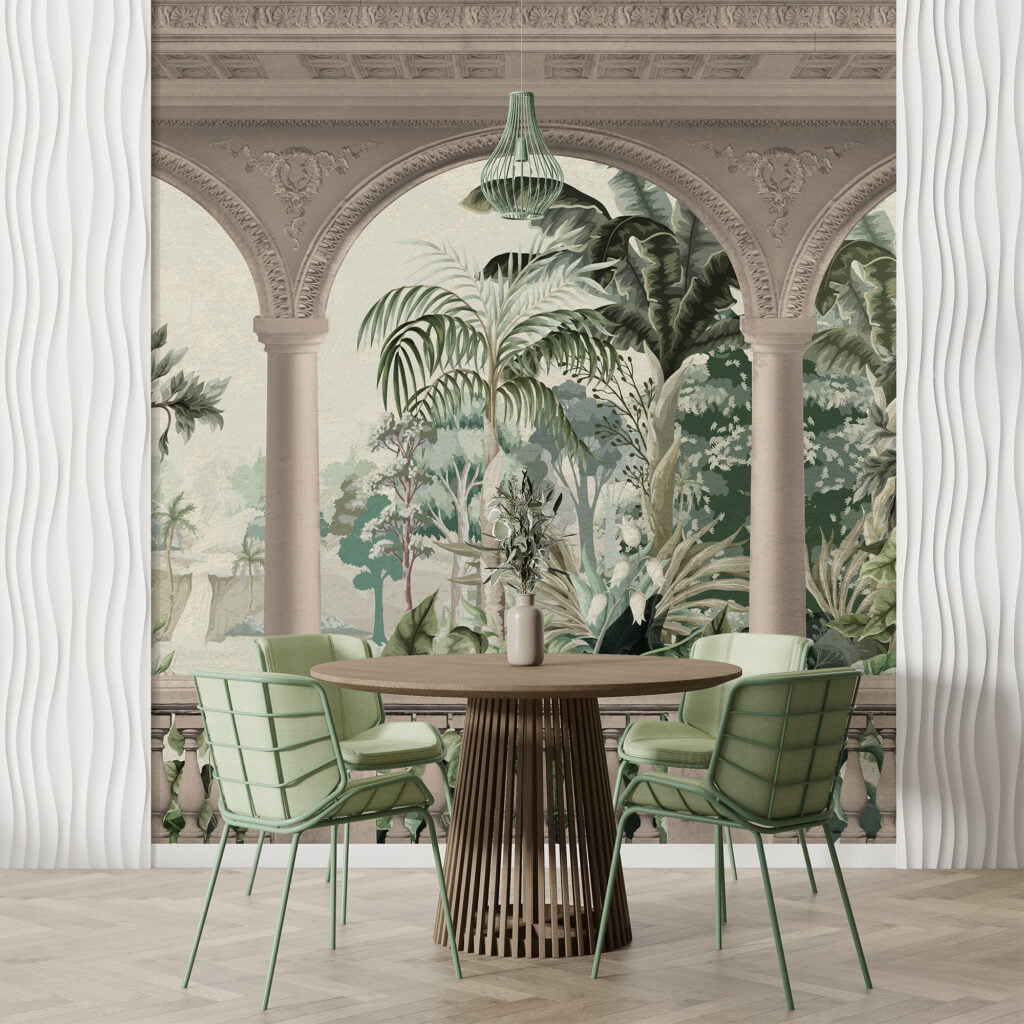 Antique Balcony With A Tropical View Wallpaper, Timeless Elegant Palm Tree Landscape Peel & Stick Wall Mural