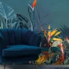 Large Tropical Illustration With A Blue Background Wallpaper, Vibrant Tropical Foliage Peel & Stick Wall Mural