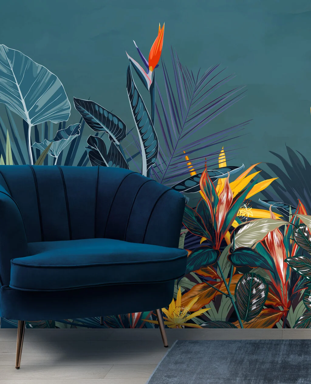 Large Tropical Illustration With A Blue Background Wallpaper, Vibrant Tropical Foliage Peel & Stick Wall Mural