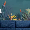 Large Tropical Illustration With A Blue Background Wallpaper, Vibrant Tropical Foliage Peel & Stick Wall Mural