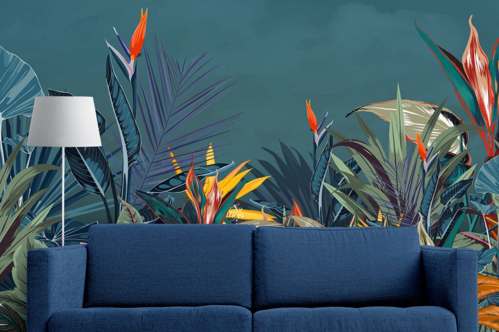 Large Tropical Illustration With A Blue Background Wallpaper, Vibrant Tropical Foliage Peel & Stick Wall Mural