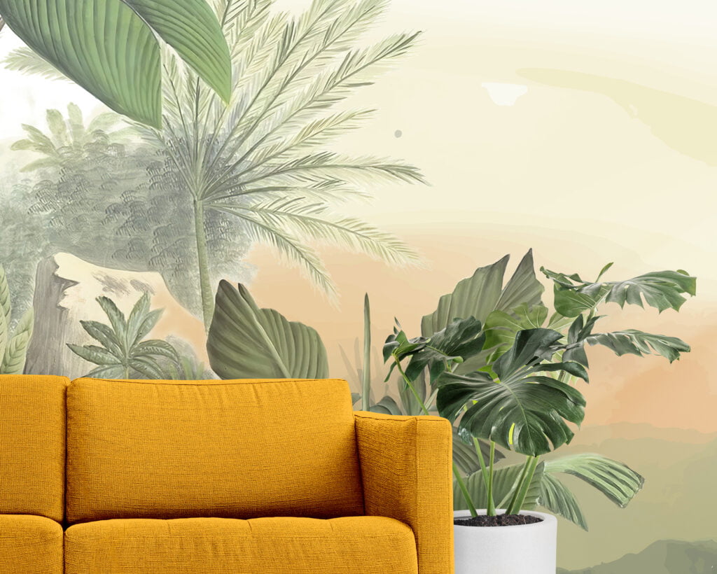 Soft Drawn Tropical Leaves Wallpaper, Sunset Tropical Retreat Illustration Peel & Stick Wall Mural
