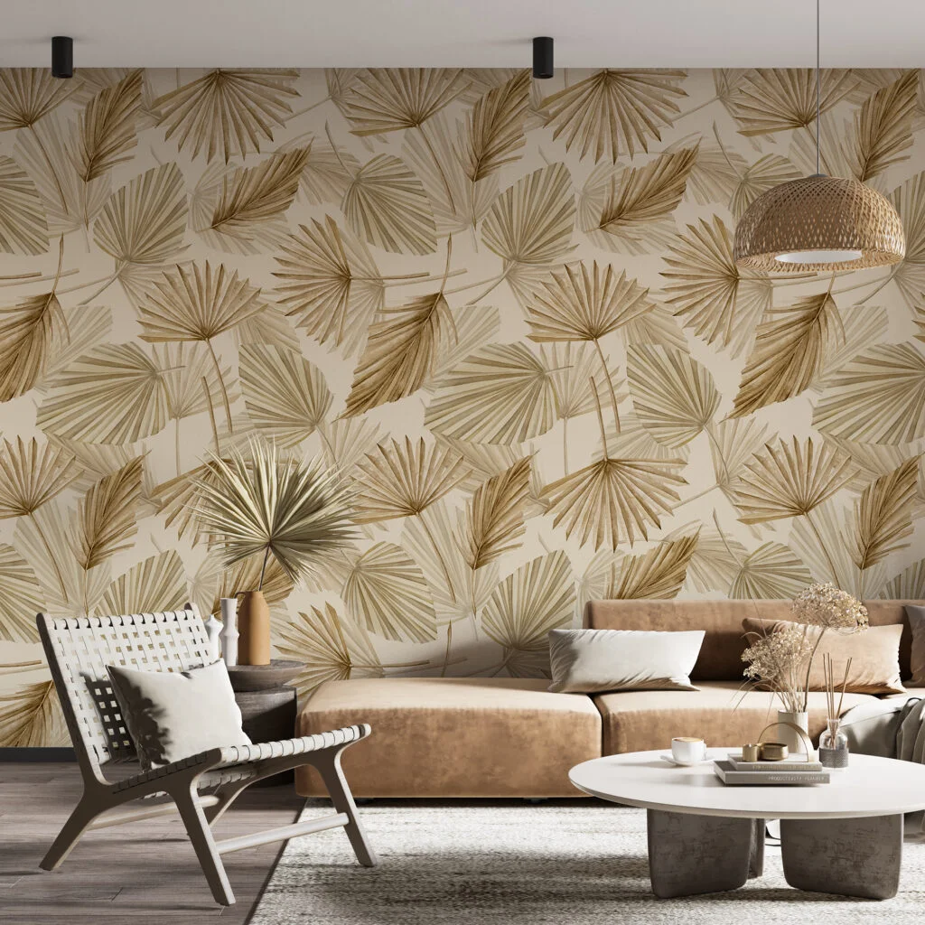 Beige Bohemian Dry Leaves Wallpaper, Serene Boho Tropical Dry Plants Peel & Stick Wall Mural