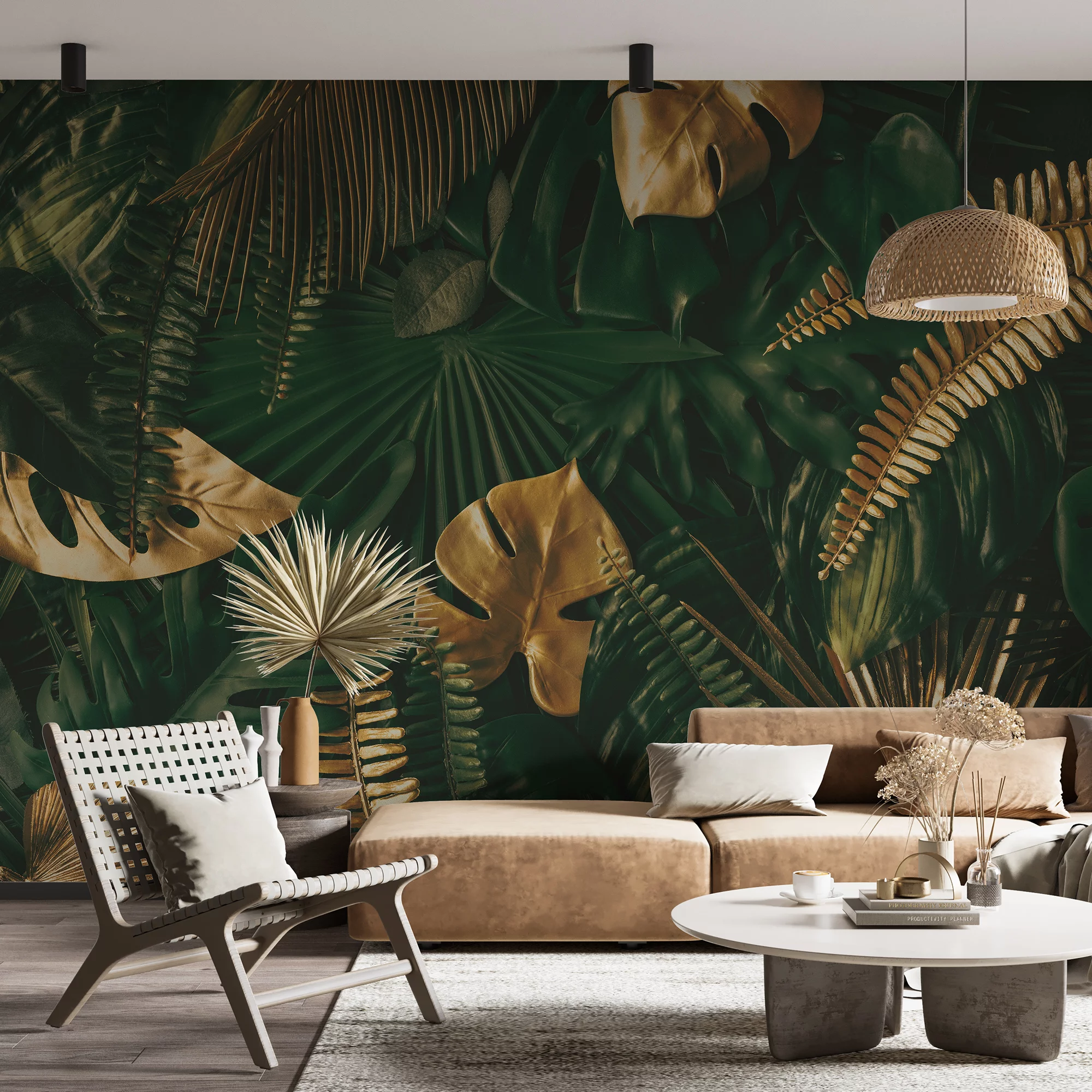 Large Tropical Dark Green And Golden Leaves Wallpaper, Luxe Tropical Leaf Design Peel & Stick Wall Mural