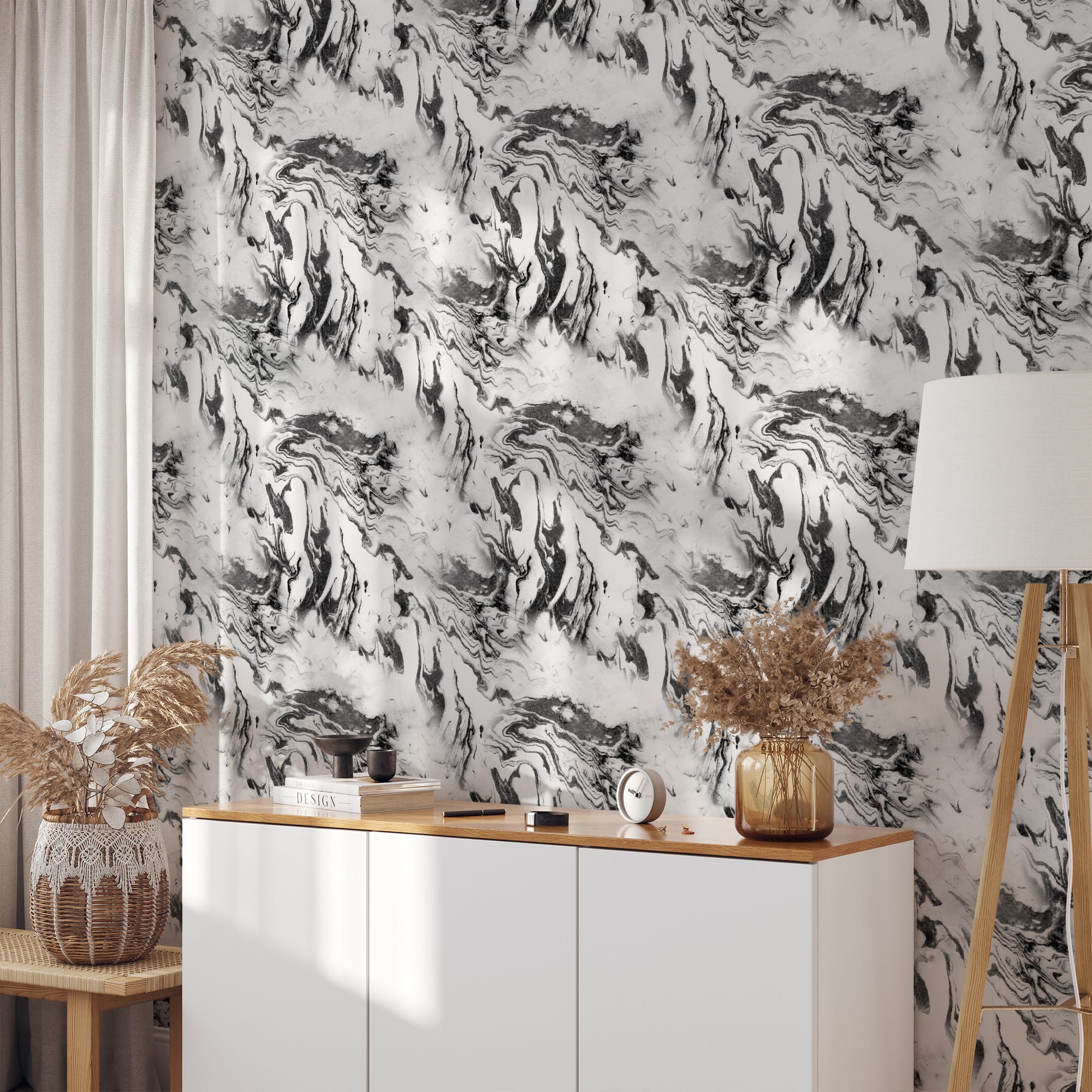 Modern Black and White Marble Peel and Stick Wallpaper, Liquid Ink Swirl Wall Mural, Abstract Monochrome Fluid Removable Wallpaper