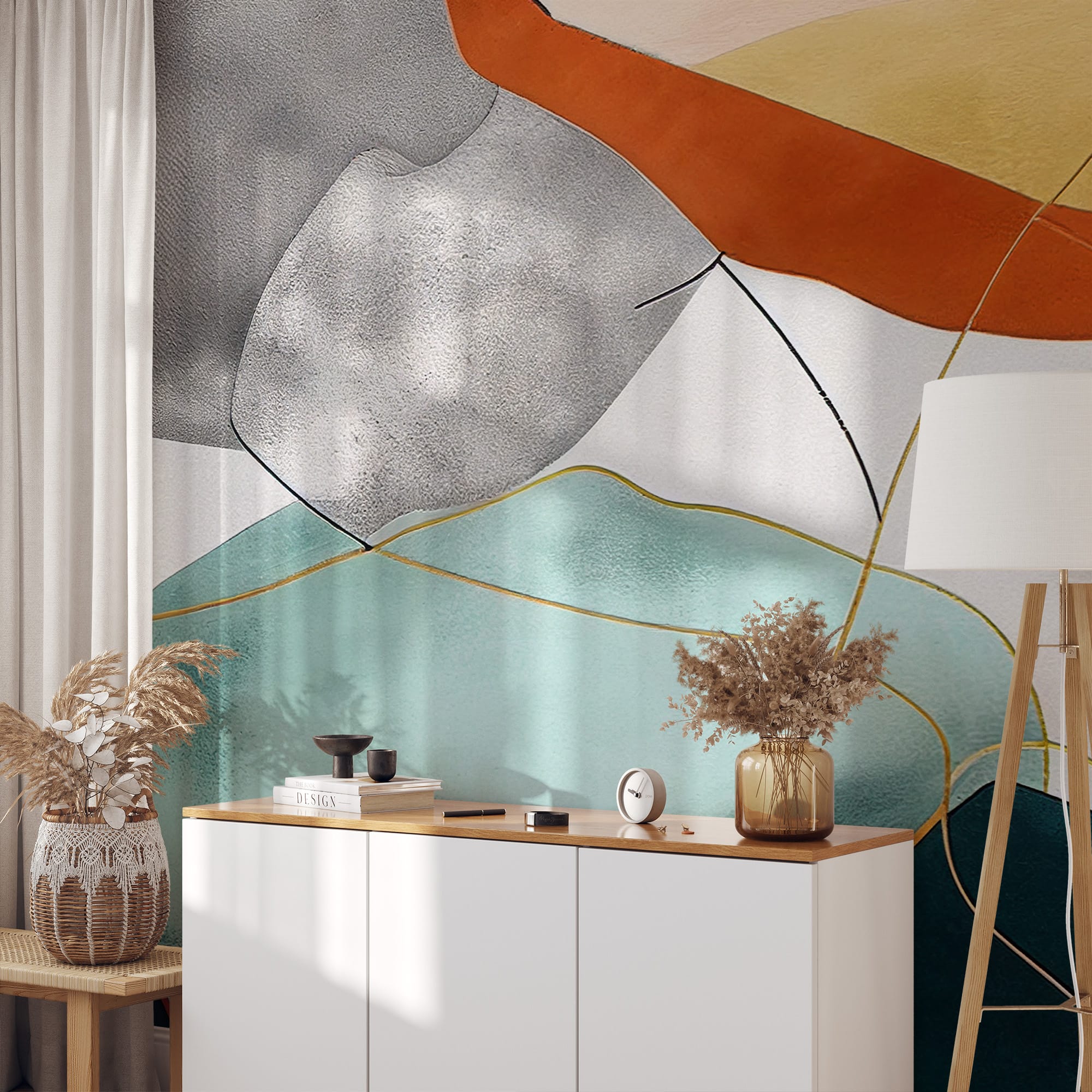 Elegant Abstract Teal and Terracotta Peel and Stick Wallpaper, Modern Gold Line Textured Wall Mural, Sophisticated Organic Shapes Self Adhesive Wallpaper