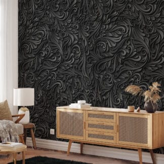 3D Embossed Black Floral Peel and Stick Wallpaper, Modern Dark Grey Damask Wall Mural, Luxurious Textured Swirl Removable Wallpaper