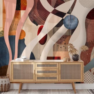Modern Abstract Mixed Media Peel and Stick Wallpaper, Contemporary Geometric Shapes Wall Mural, Artistic Terracotta and Navy Removable Wallpaper