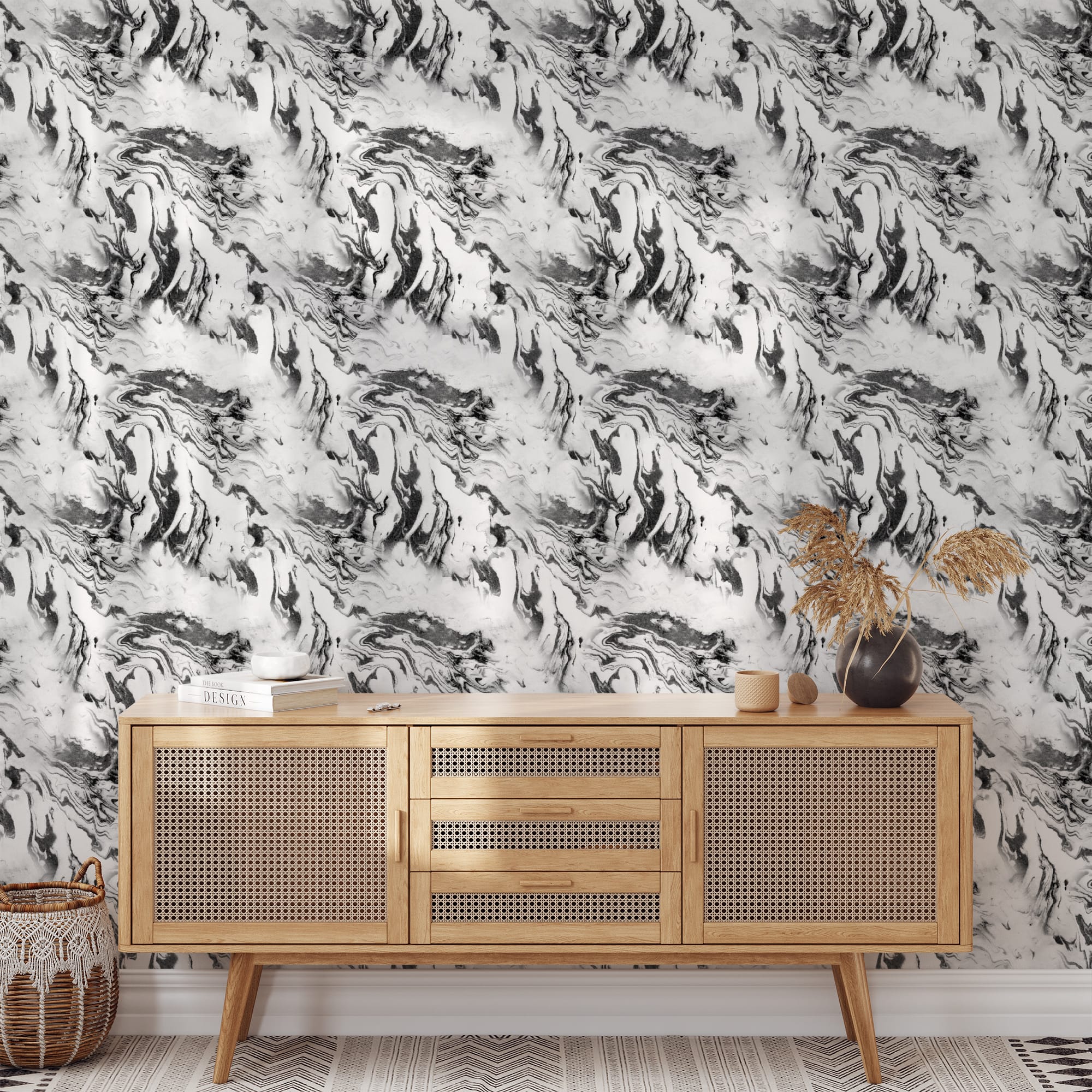 Modern Black and White Marble Peel and Stick Wallpaper, Liquid Ink Swirl Wall Mural, Abstract Monochrome Fluid Removable Wallpaper