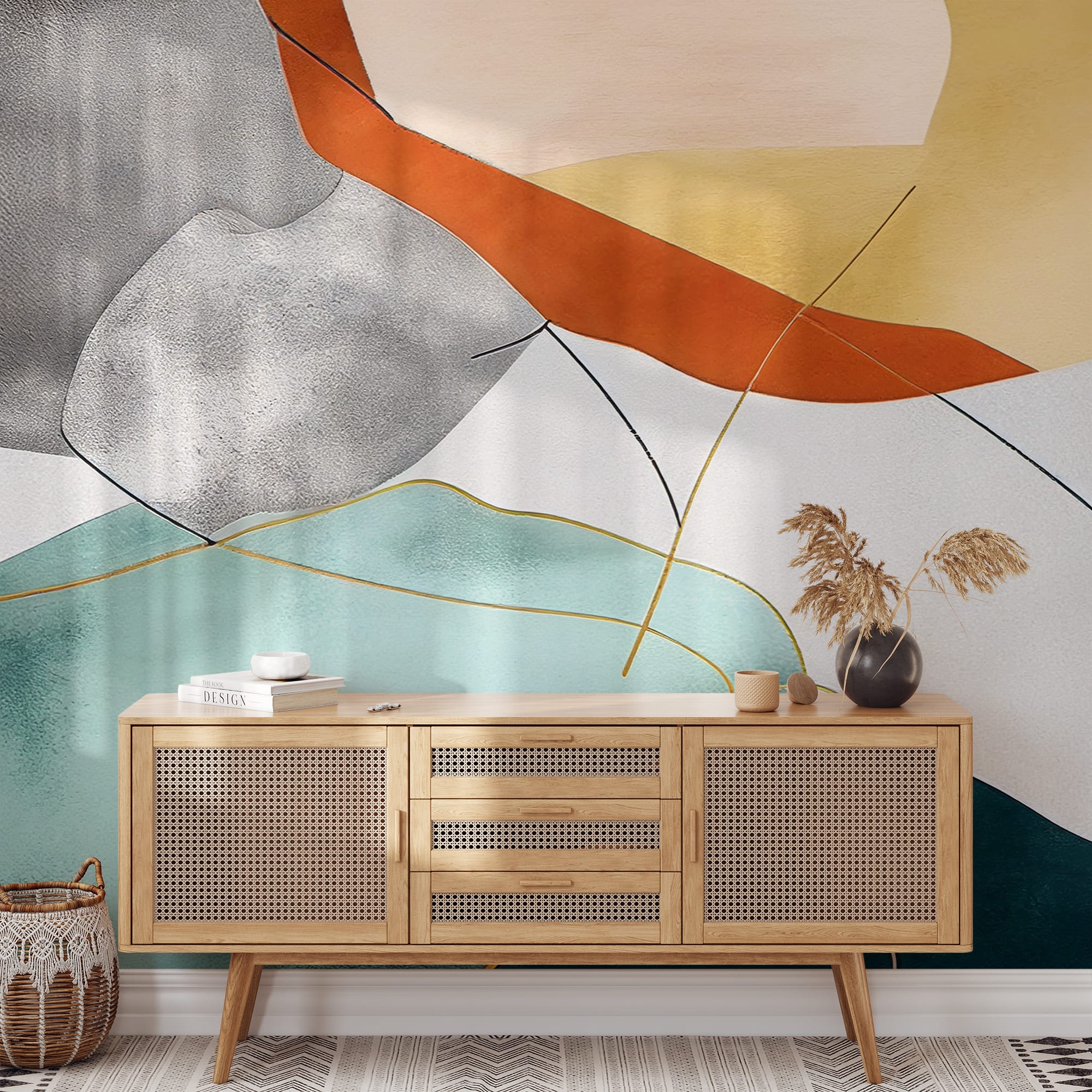 Elegant Abstract Teal and Terracotta Peel and Stick Wallpaper, Modern Gold Line Textured Wall Mural, Sophisticated Organic Shapes Self Adhesive Wallpaper