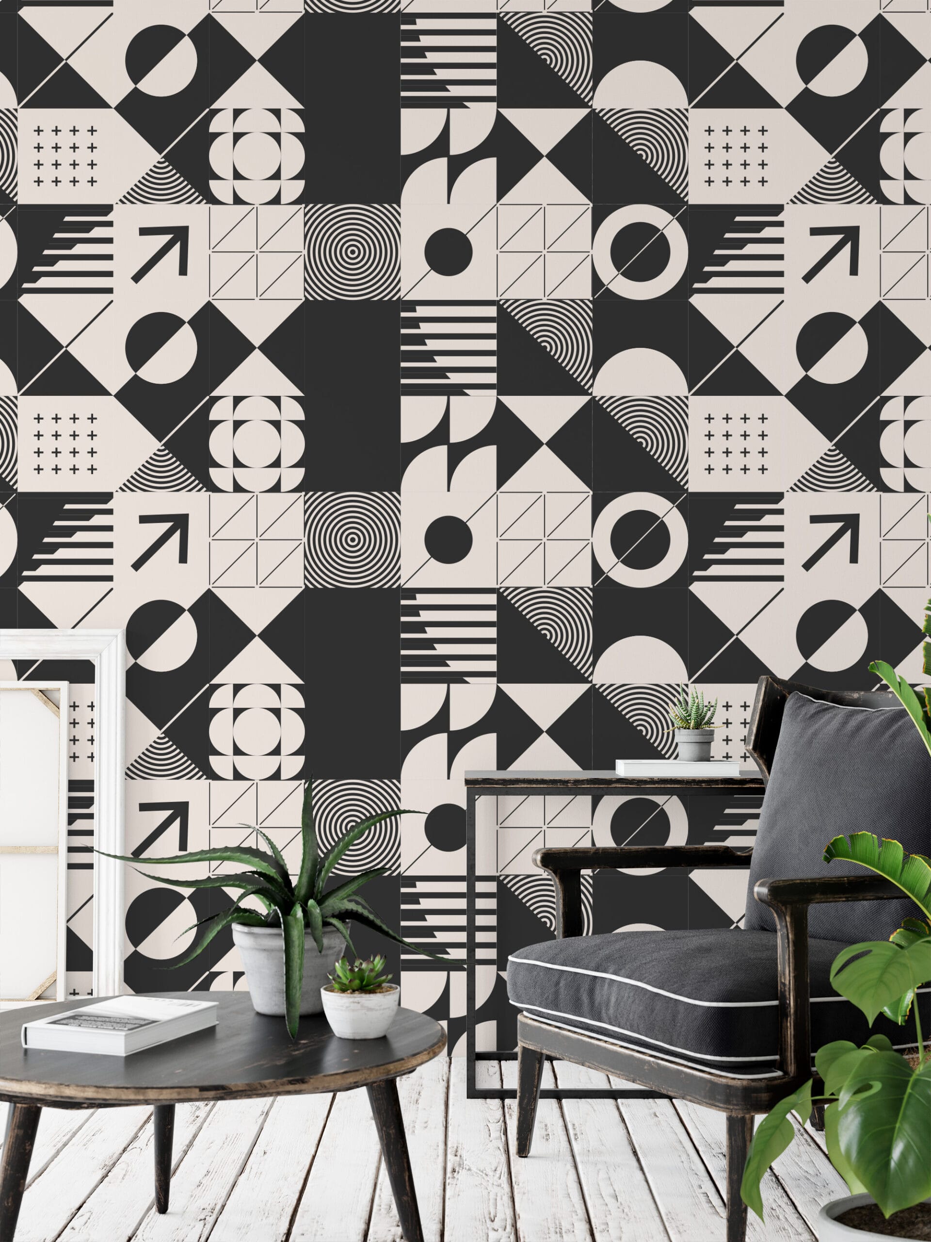 Modern Bauhaus Geometric Peel and Stick Wallpaper, Black and White Abstract Tile Wall Mural, Contemporary Minimalist Self Adhesive Wallpaper