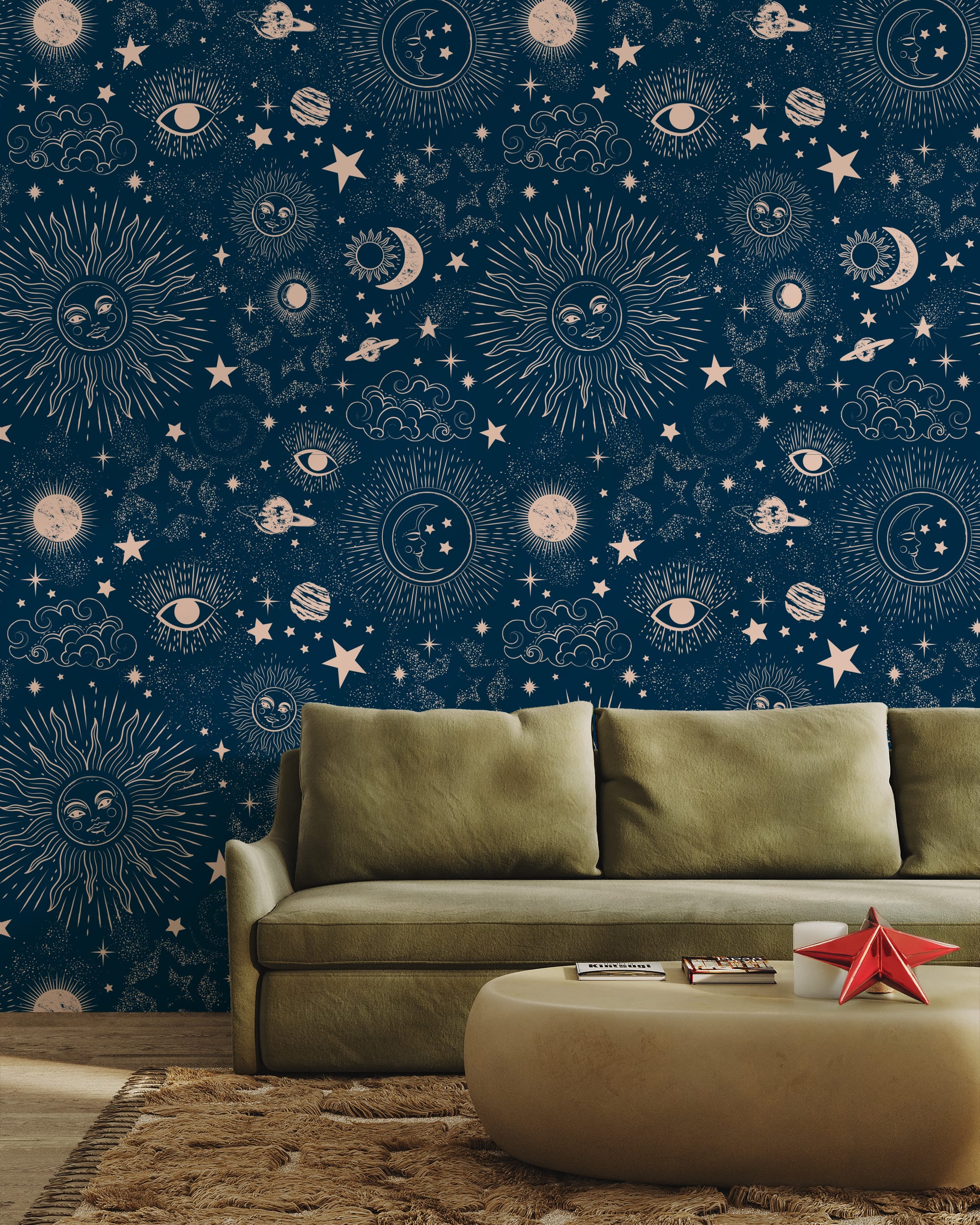 Vintage Celestial Navy Blue Peel and Stick Wallpaper, Gold Sun Moon and Stars Wall Mural, Mystical Space Pattern Self Adhesive Wallpaper