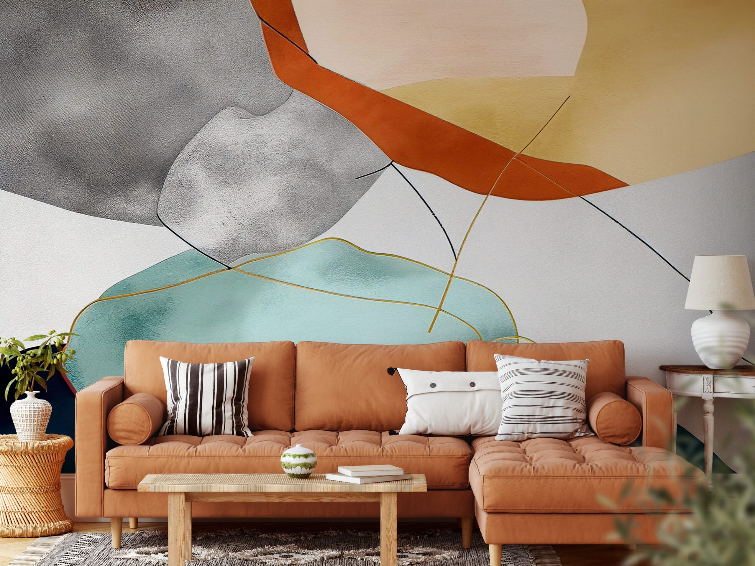 Elegant Abstract Teal and Terracotta Peel and Stick Wallpaper, Modern Gold Line Textured Wall Mural, Sophisticated Organic Shapes Self Adhesive Wallpaper