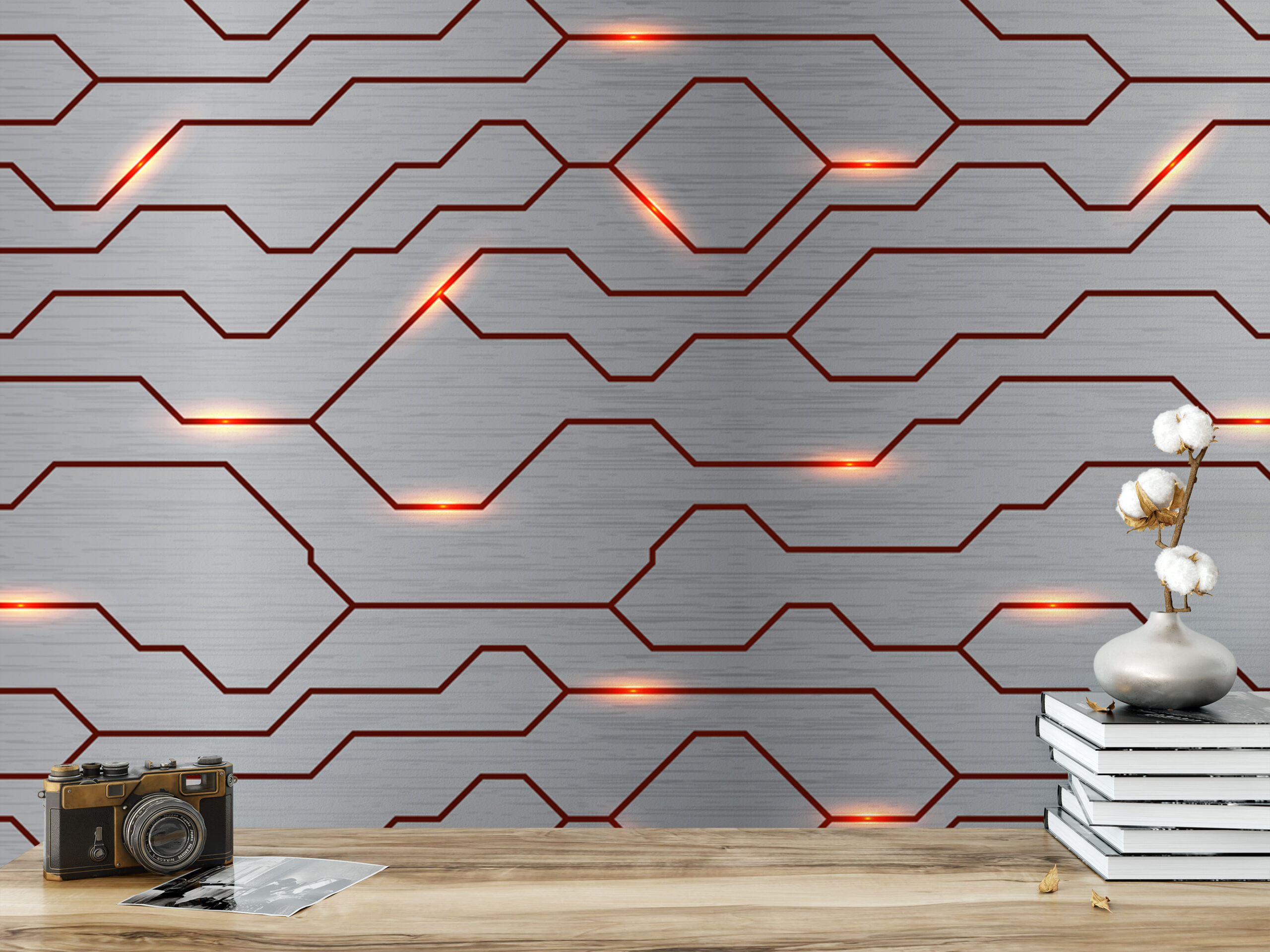 Futuristic Cyber Circuit Board Peel and Stick Wallpaper, Glowing Tech Line Wall Mural, Industrial Metallic Removable Wallpaper