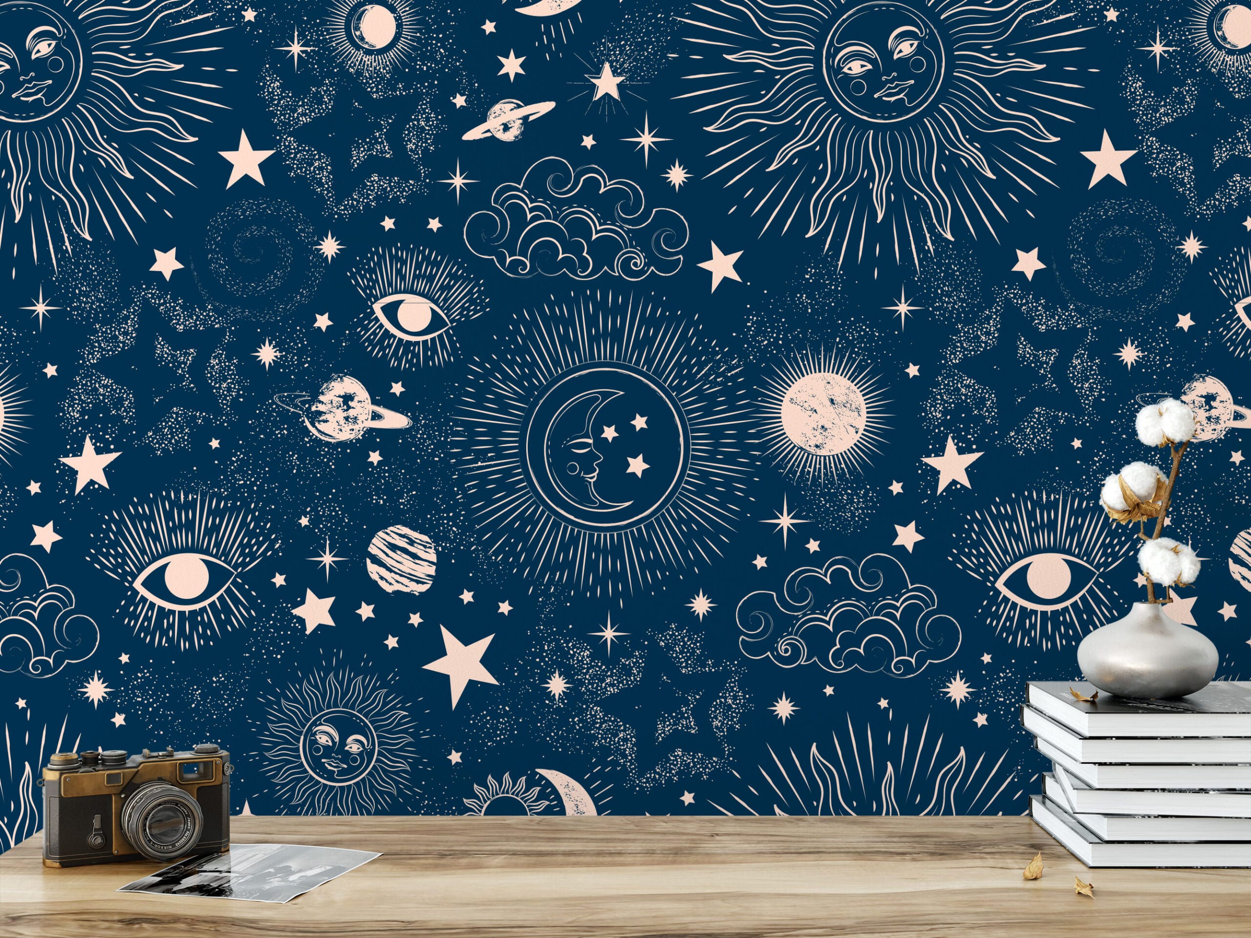 Vintage Celestial Navy Blue Peel and Stick Wallpaper, Gold Sun Moon and Stars Wall Mural, Mystical Space Pattern Self Adhesive Wallpaper