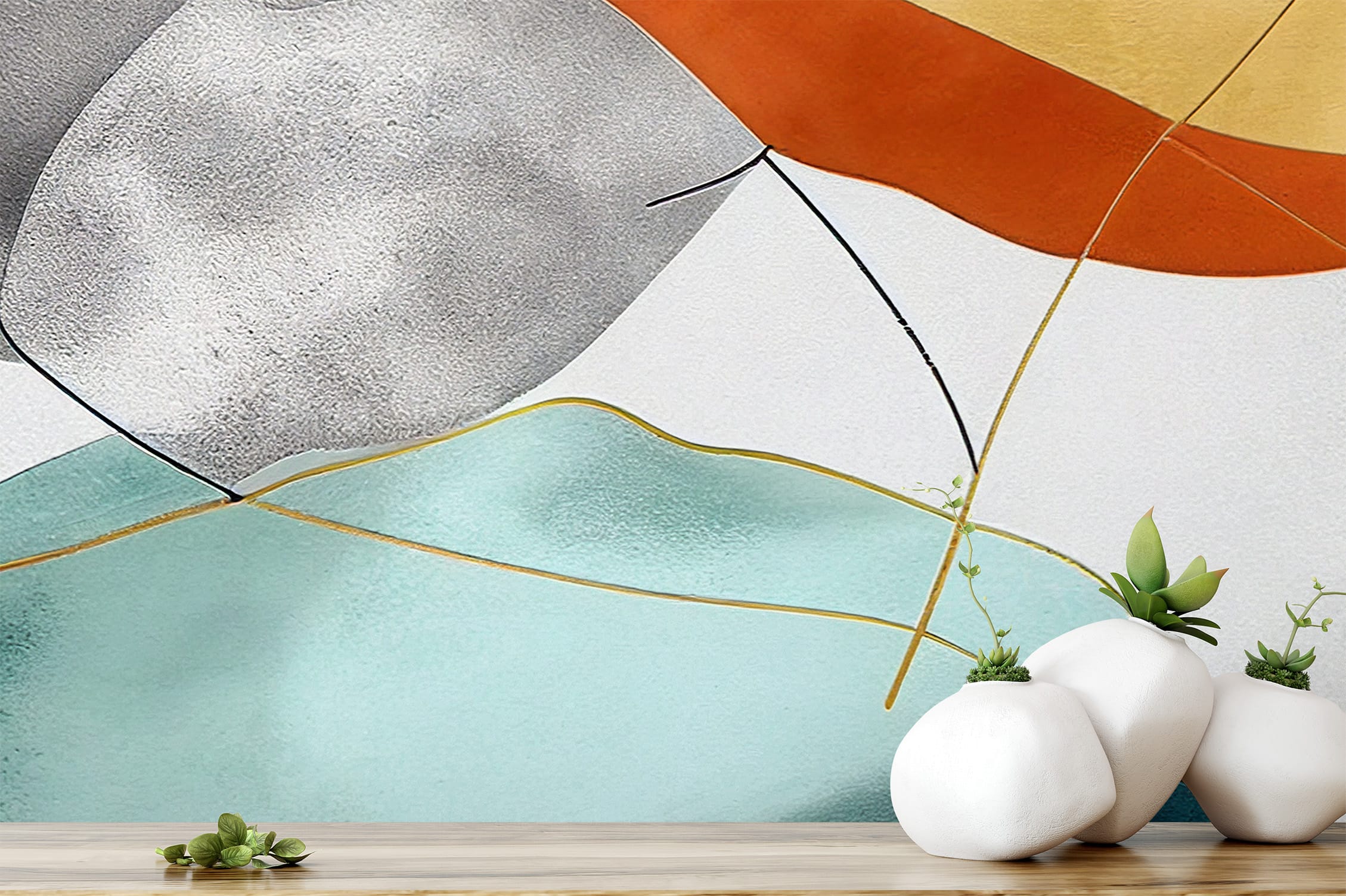 Elegant Abstract Teal and Terracotta Peel and Stick Wallpaper, Modern Gold Line Textured Wall Mural, Sophisticated Organic Shapes Self Adhesive Wallpaper