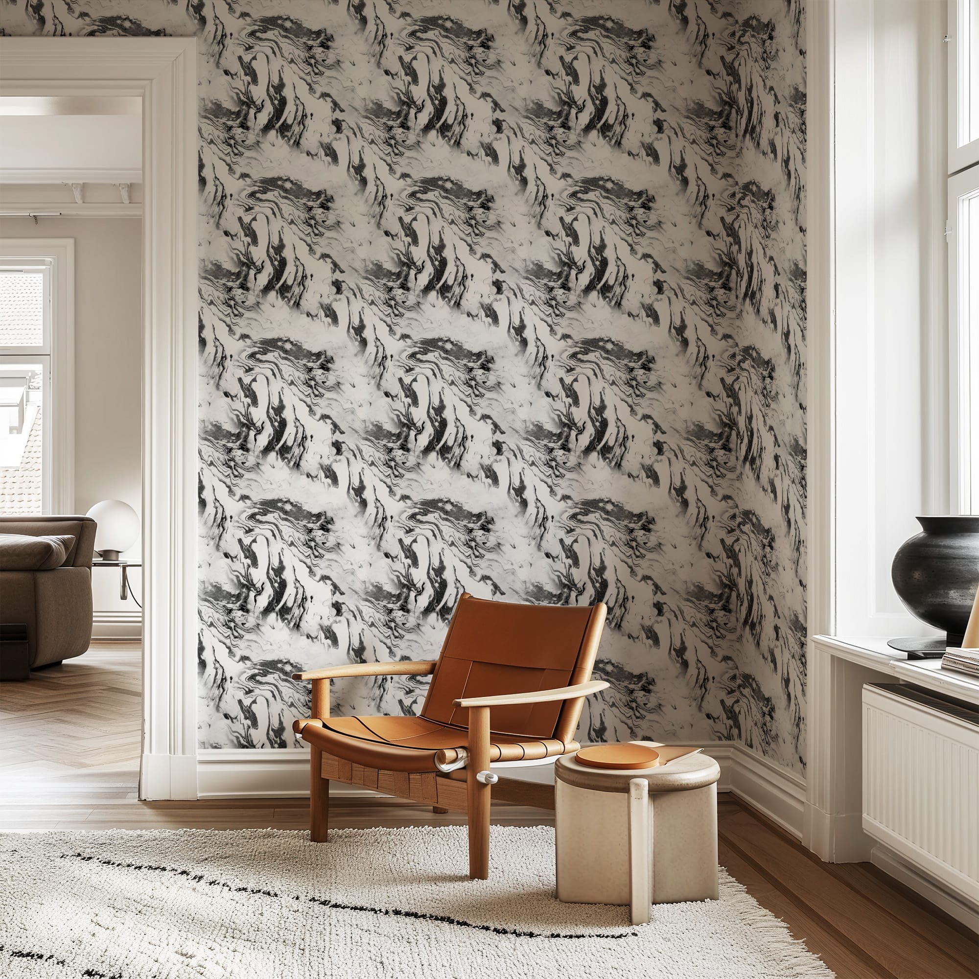 Modern Black and White Marble Peel and Stick Wallpaper, Liquid Ink Swirl Wall Mural, Abstract Monochrome Fluid Removable Wallpaper