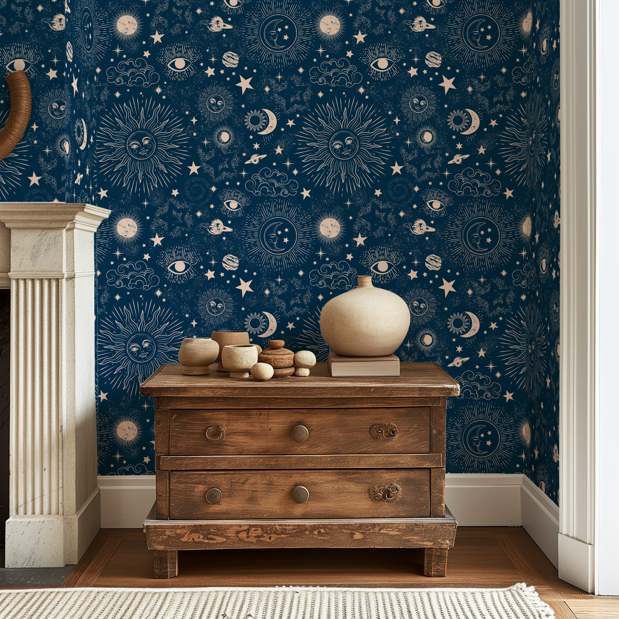 Vintage Celestial Navy Blue Peel and Stick Wallpaper, Gold Sun Moon and Stars Wall Mural, Mystical Space Pattern Self Adhesive Wallpaper