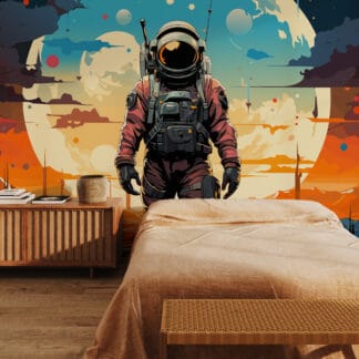 Retro Astronaut on Alien Planet Peel and Stick Wallpaper, Colorful Sci-Fi Space Wall Mural, Futuristic Comic Style Removable Wallpaper
