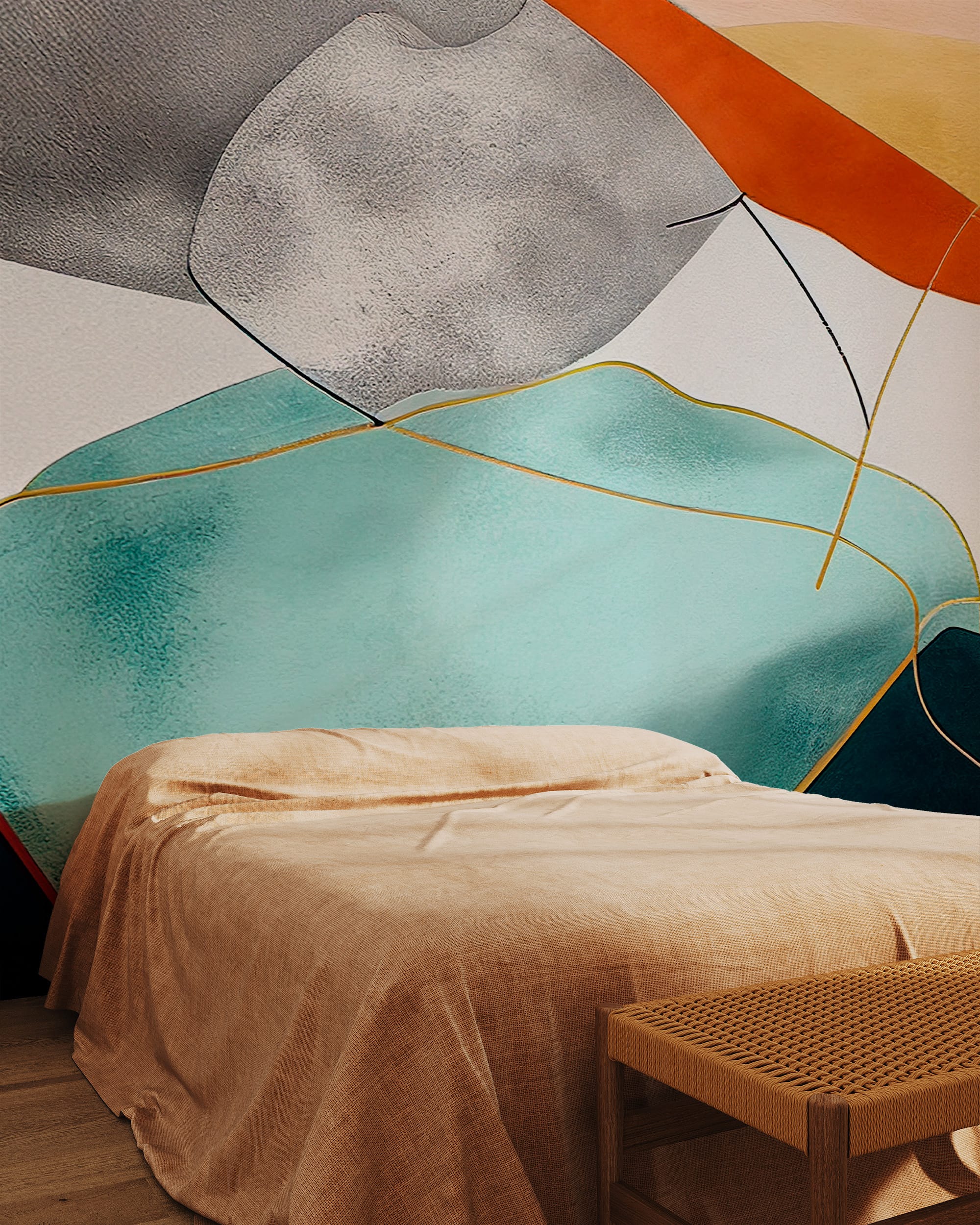 Elegant Abstract Teal and Terracotta Peel and Stick Wallpaper, Modern Gold Line Textured Wall Mural, Sophisticated Organic Shapes Self Adhesive Wallpaper