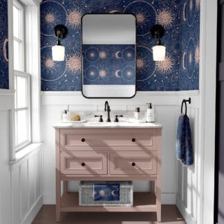 Vintage Navy and Rose Gold Zodiac Peel and Stick Wallpaper, Celestial Sun and Crescent Moon Wall Mural, Mystical Cosmic Constellation Wallpaper