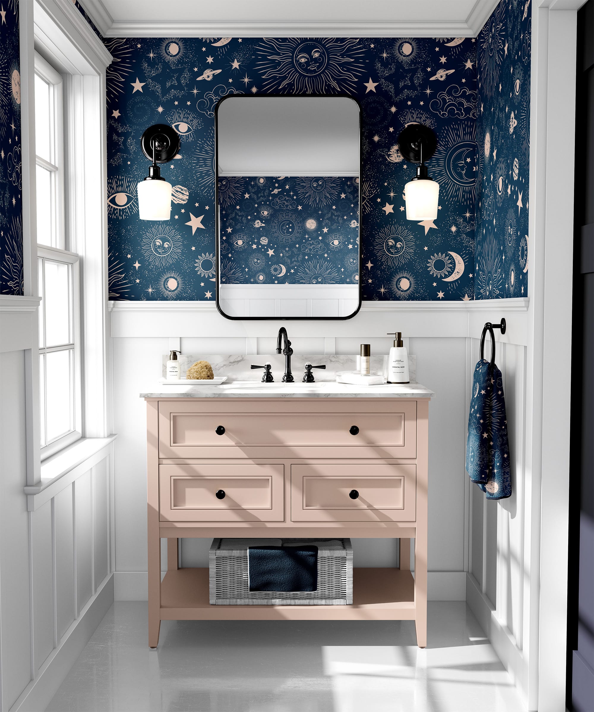 Vintage Celestial Navy Blue Peel and Stick Wallpaper, Gold Sun Moon and Stars Wall Mural, Mystical Space Pattern Self Adhesive Wallpaper