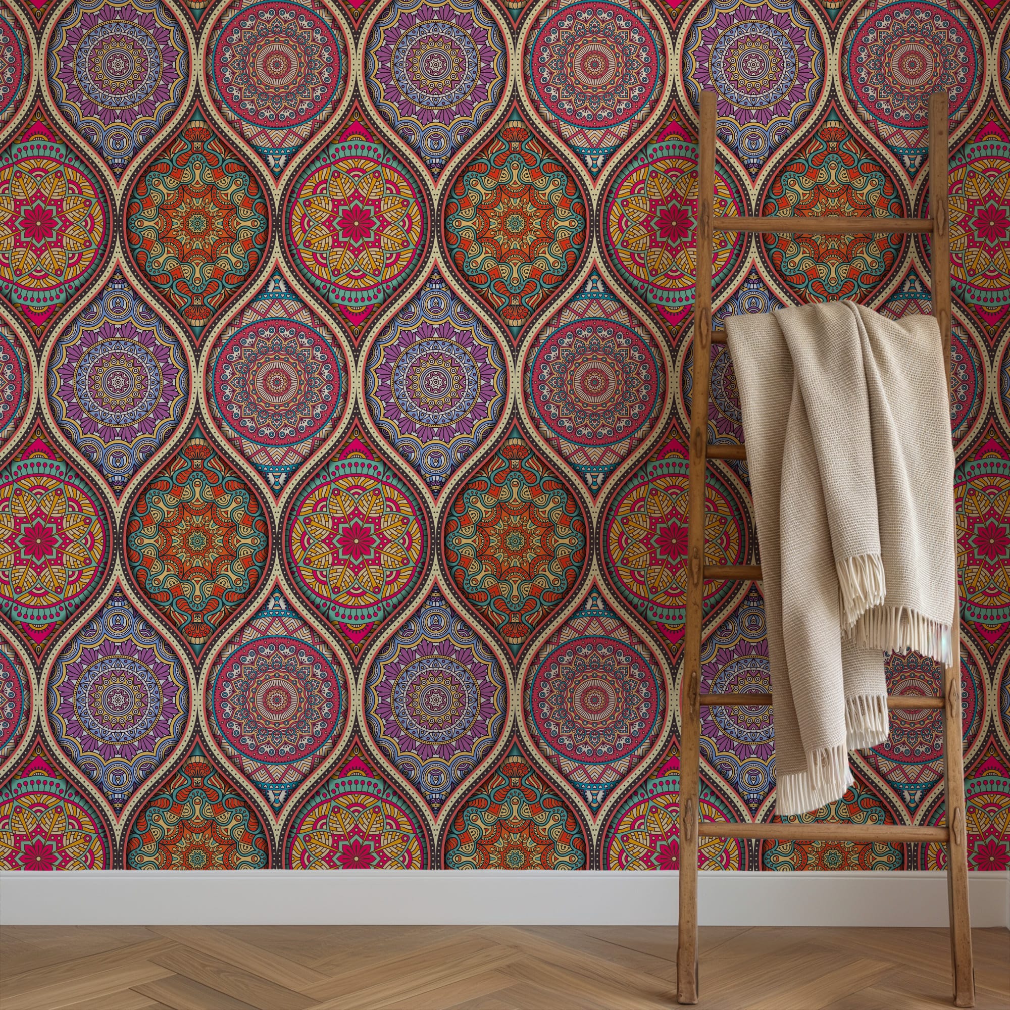 Colorful Mandala Ethnic Pattern Peel and Stick Wallpaper, Bohemian Vibrant Removable Wall Mural, Indian Style Geometric Self Adhesive Wallpaper