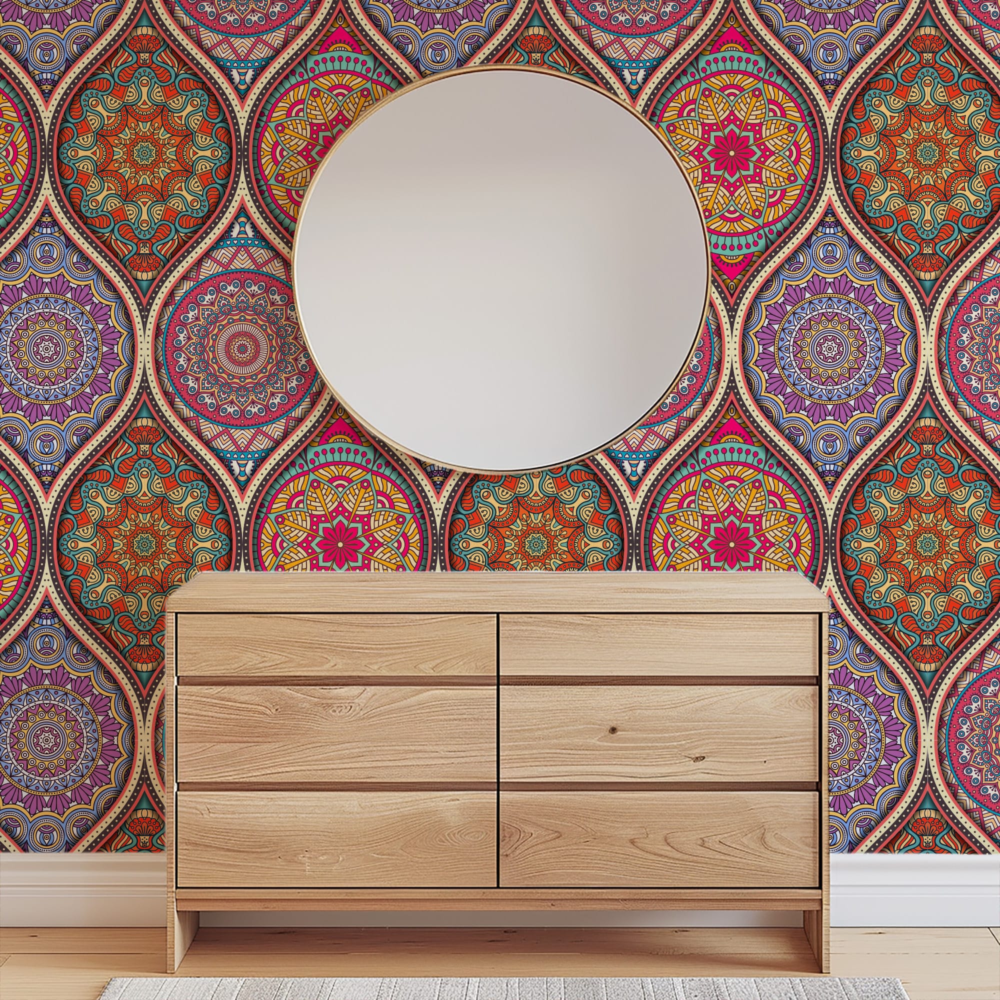 Colorful Mandala Ethnic Pattern Peel and Stick Wallpaper, Bohemian Vibrant Removable Wall Mural, Indian Style Geometric Self Adhesive Wallpaper