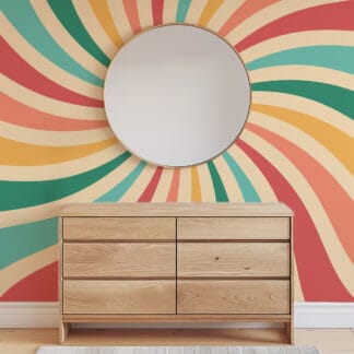 Retro Groovy Sunburst Peel and Stick Wallpaper, Colorful 70s Spiral Wall Mural, Vintage Abstract Rays Self Adhesive Wallpaper