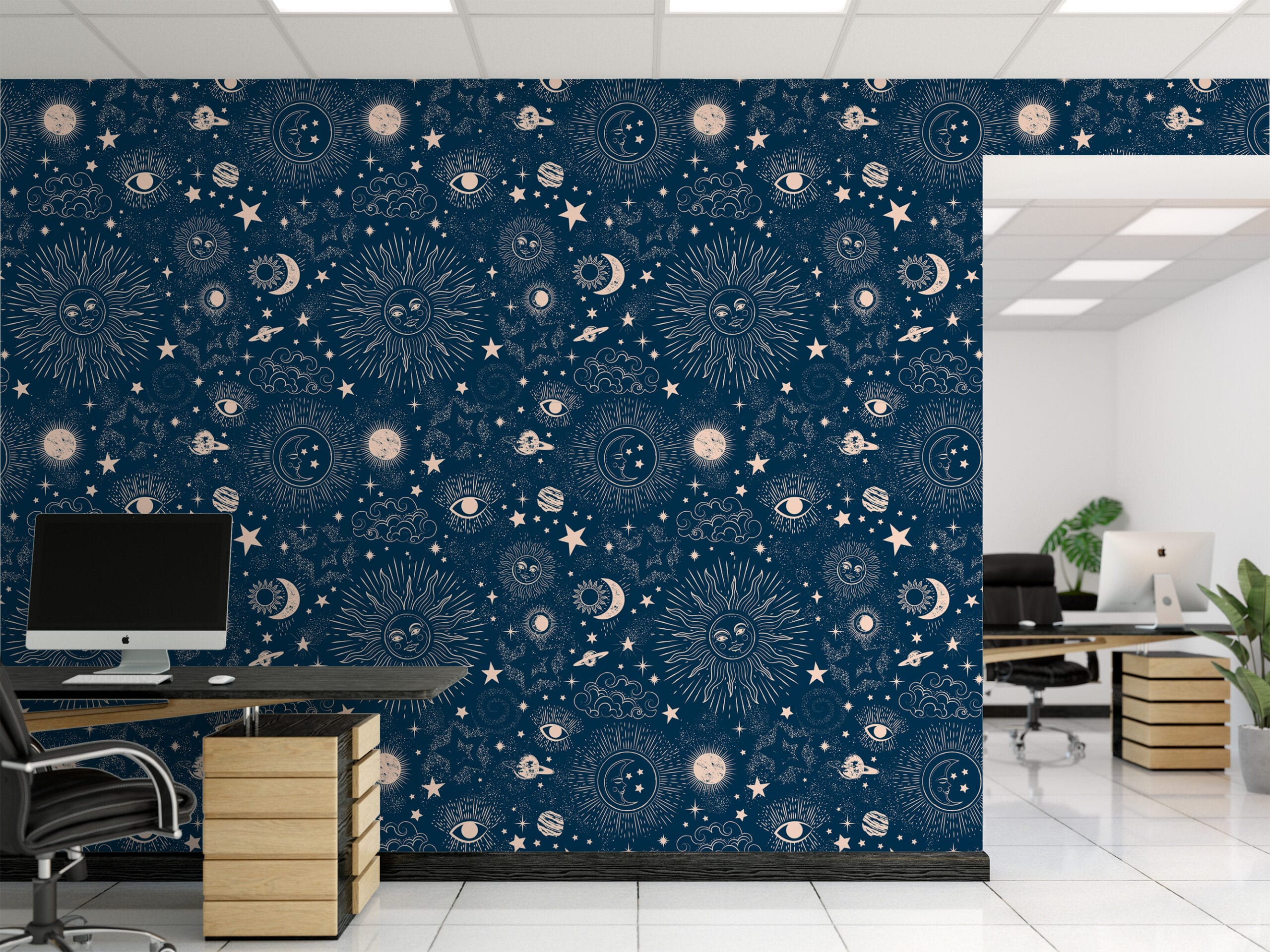 Vintage Celestial Navy Blue Peel and Stick Wallpaper, Gold Sun Moon and Stars Wall Mural, Mystical Space Pattern Self Adhesive Wallpaper