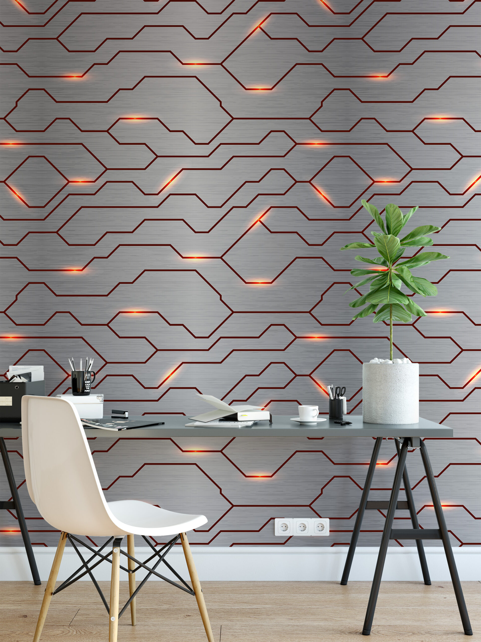 Futuristic Cyber Circuit Board Peel and Stick Wallpaper, Glowing Tech Line Wall Mural, Industrial Metallic Removable Wallpaper