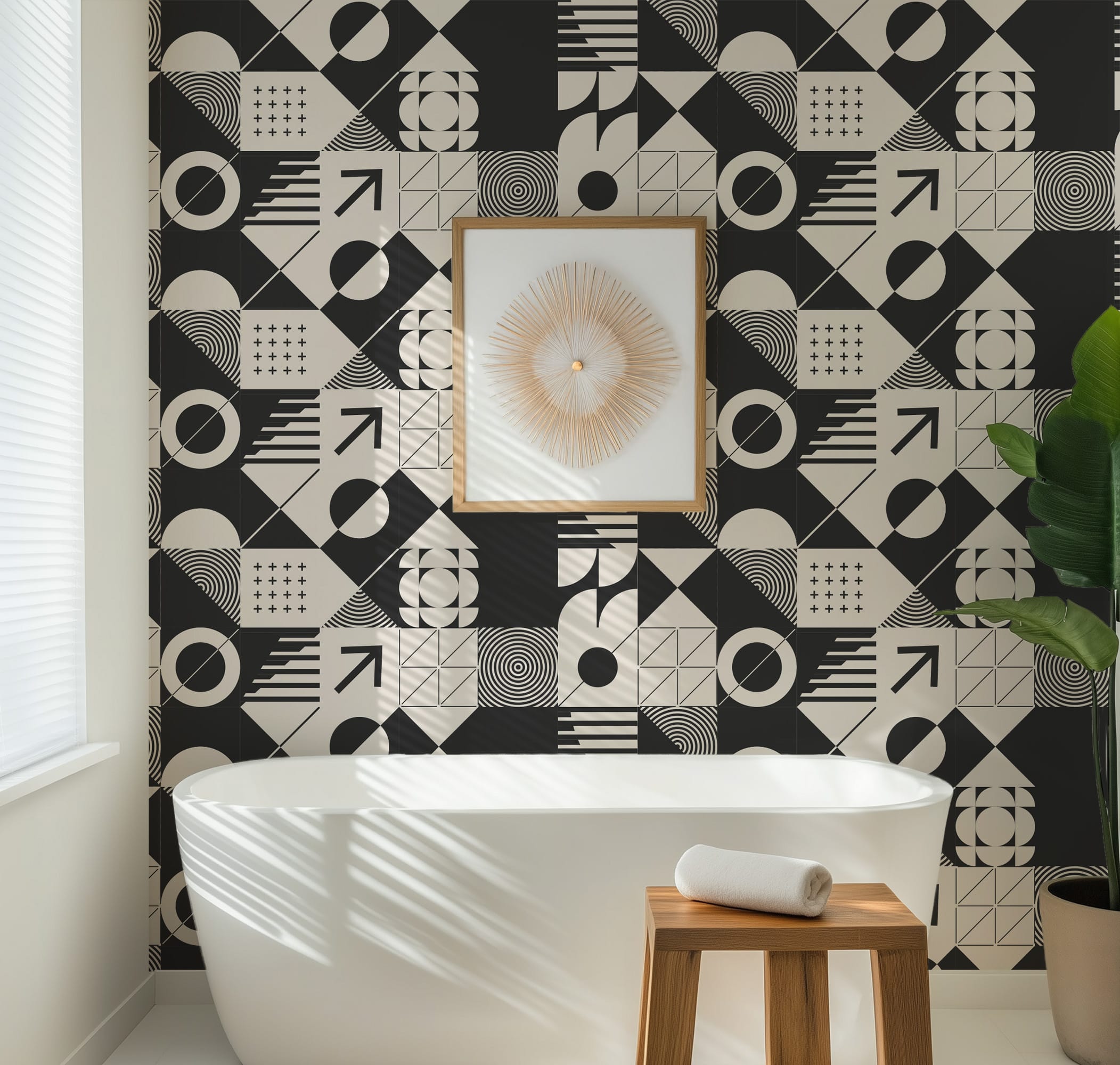 Modern Bauhaus Geometric Peel and Stick Wallpaper, Black and White Abstract Tile Wall Mural, Contemporary Minimalist Self Adhesive Wallpaper