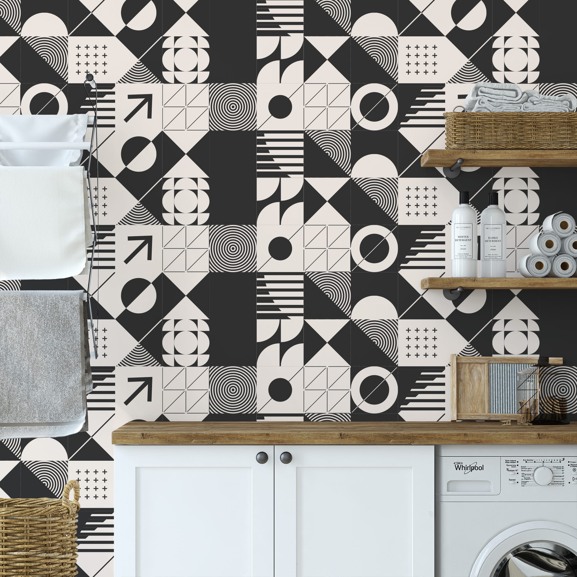 Modern Bauhaus Geometric Peel and Stick Wallpaper, Black and White Abstract Tile Wall Mural, Contemporary Minimalist Self Adhesive Wallpaper