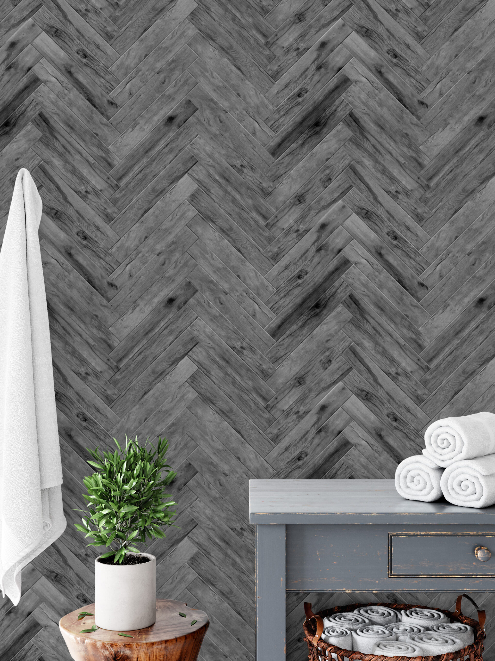 Modern Grey Herringbone Wood Peel and Stick Wallpaper, Charcoal Faux Texture Wall Mural, Rustic Industrial Removable Wallpaper