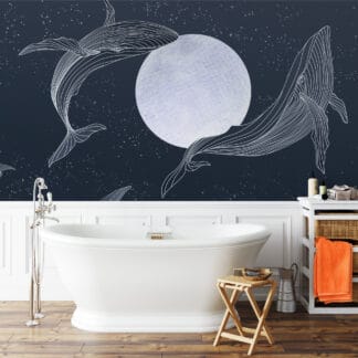 Ethereal Navy Blue Whale and Moon Peel and Stick Wallpaper, Celestial Night Sky Wall Mural, Modern Line Art Oceanic Removable Wallpaper
