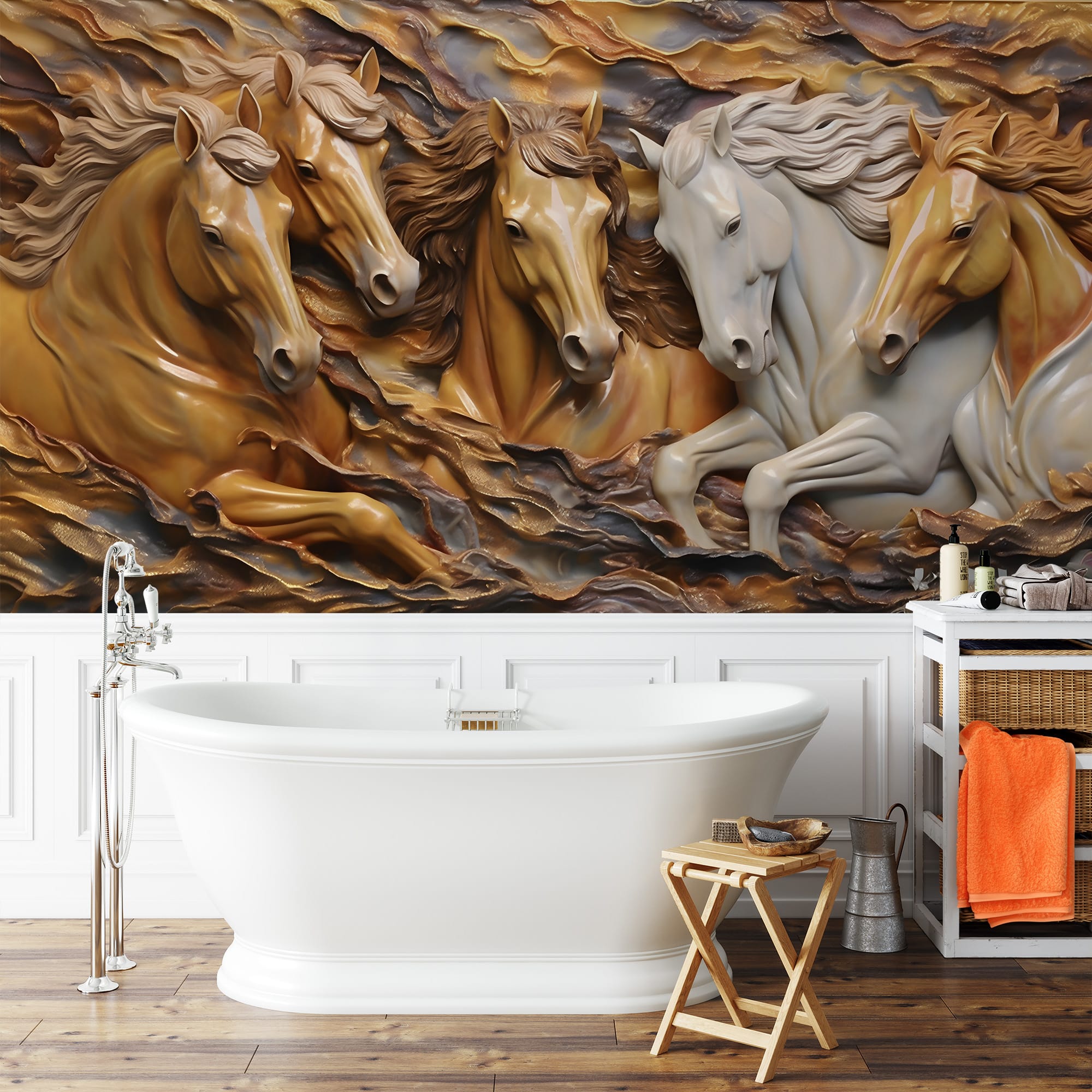 3D Running Horses Peel and Stick Wallpaper, Majestic Animal Sculpture Wall Mural, Gold and Brown Faux Relief Removable Wallpaper