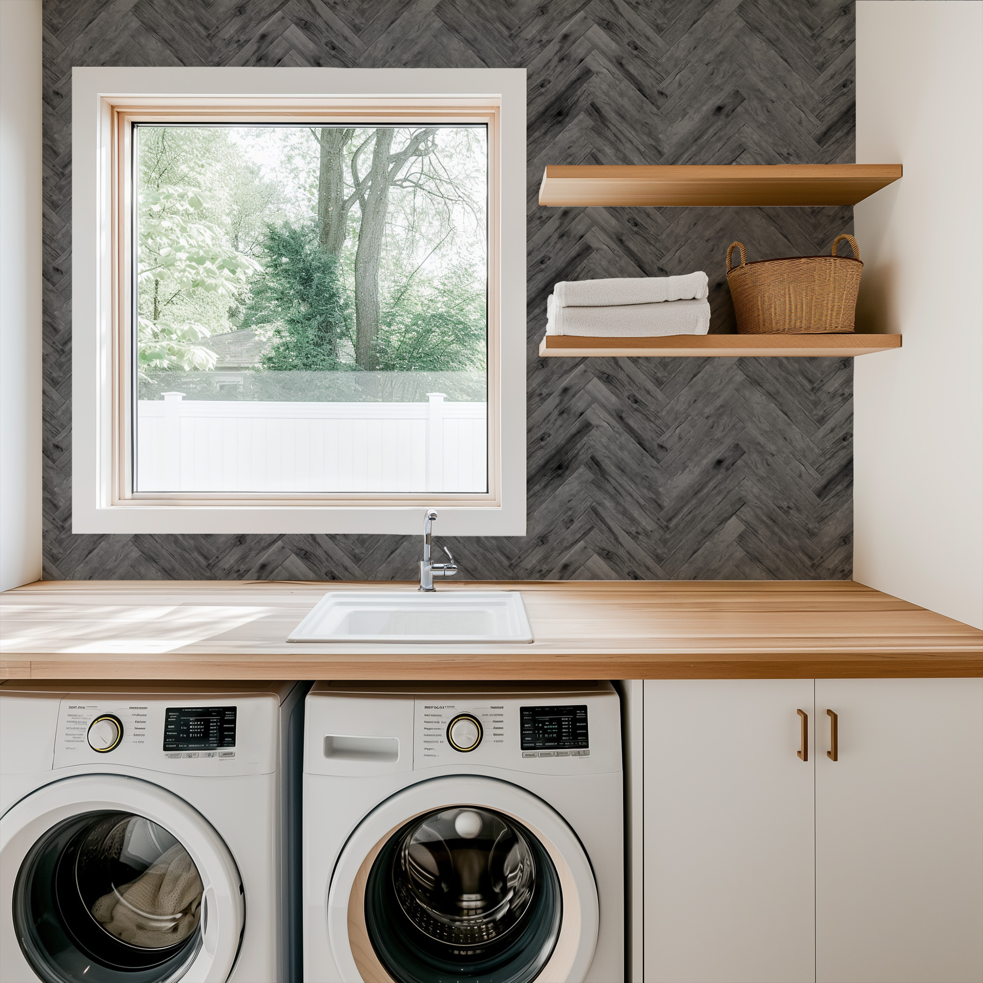 Modern Grey Herringbone Wood Peel and Stick Wallpaper, Charcoal Faux Texture Wall Mural, Rustic Industrial Removable Wallpaper