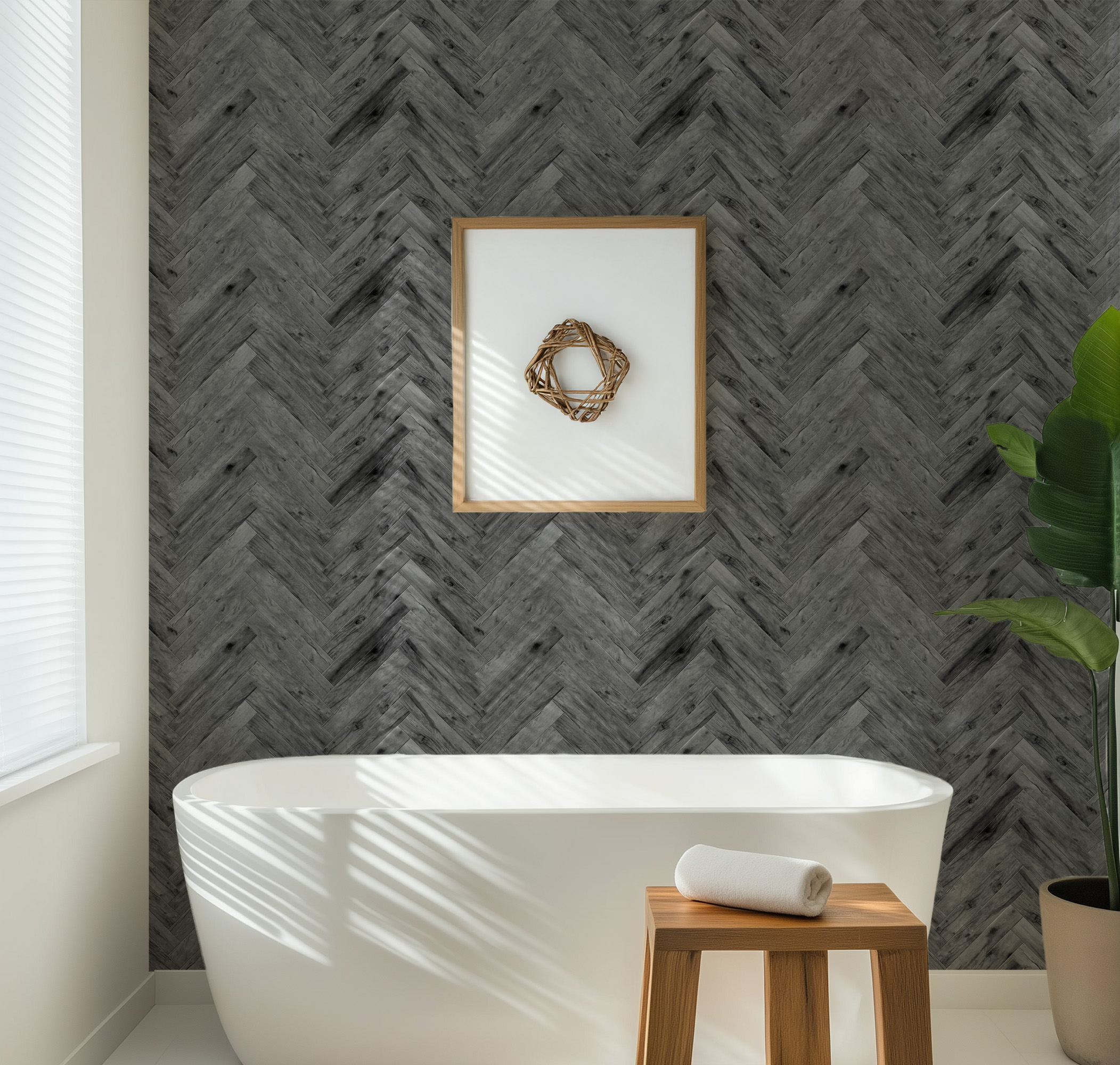 Modern Grey Herringbone Wood Peel and Stick Wallpaper, Charcoal Faux Texture Wall Mural, Rustic Industrial Removable Wallpaper