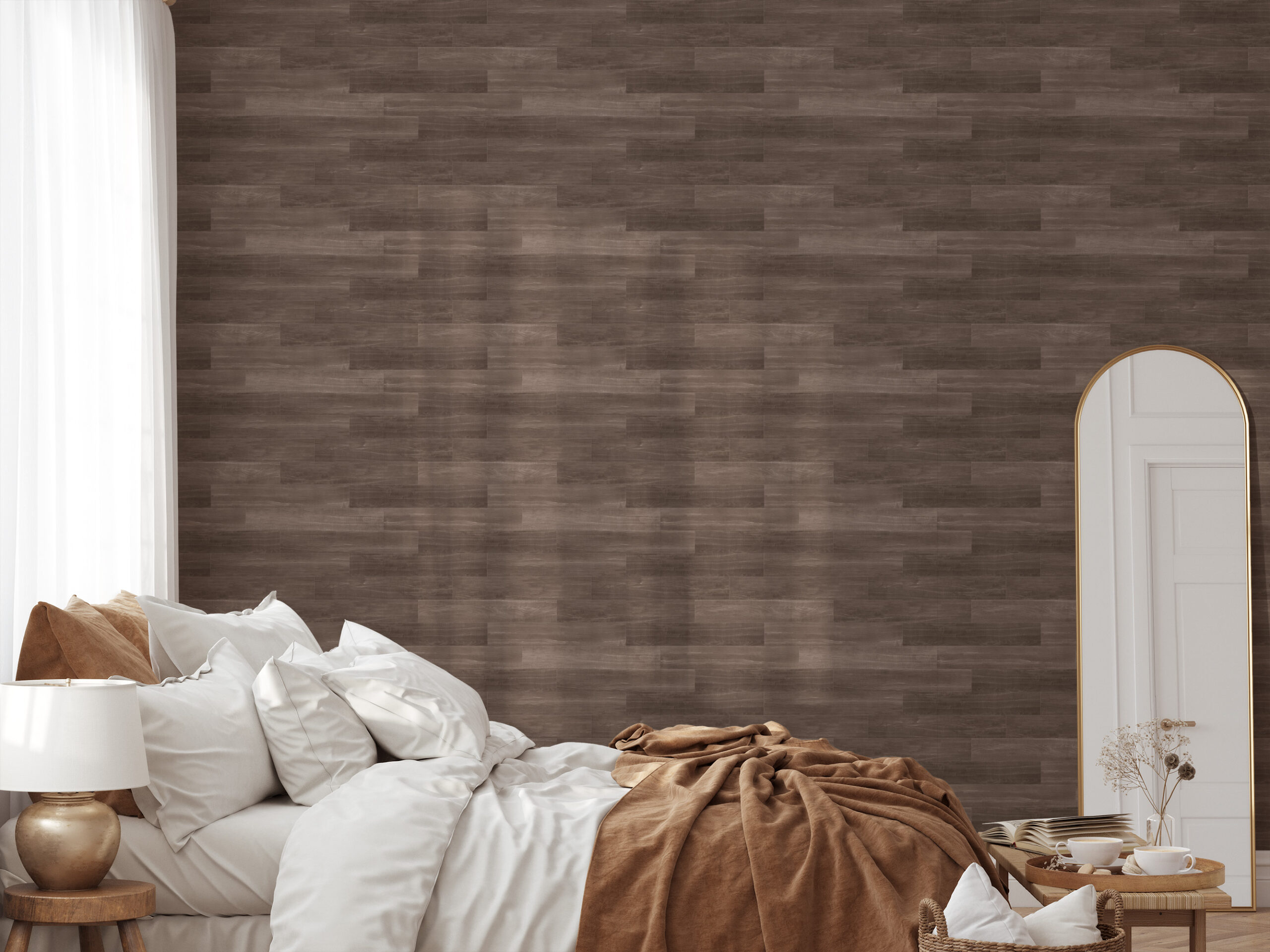 Dark Walnut Wood Plank Peel and Stick Wallpaper, Faux Wood Texture Wall Mural, Rustic Modern Natural Removable Wallpaper