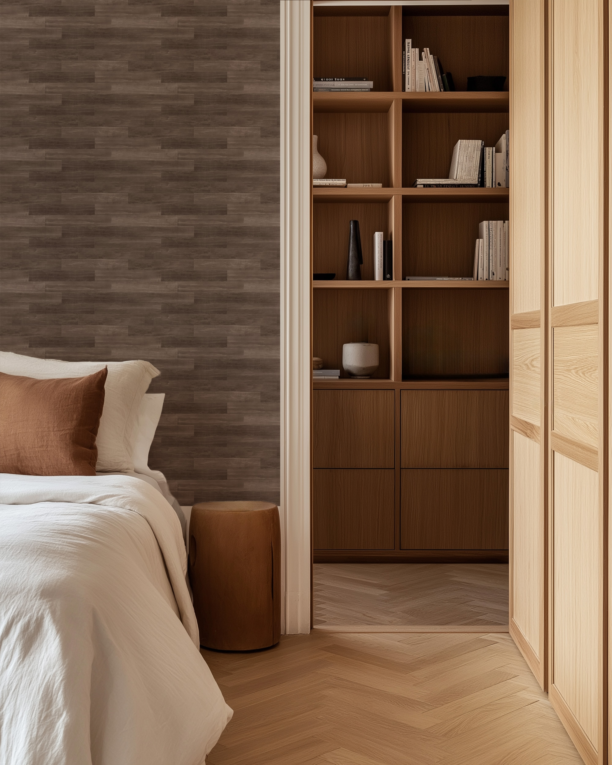 Dark Walnut Wood Plank Peel and Stick Wallpaper, Faux Wood Texture Wall Mural, Rustic Modern Natural Removable Wallpaper