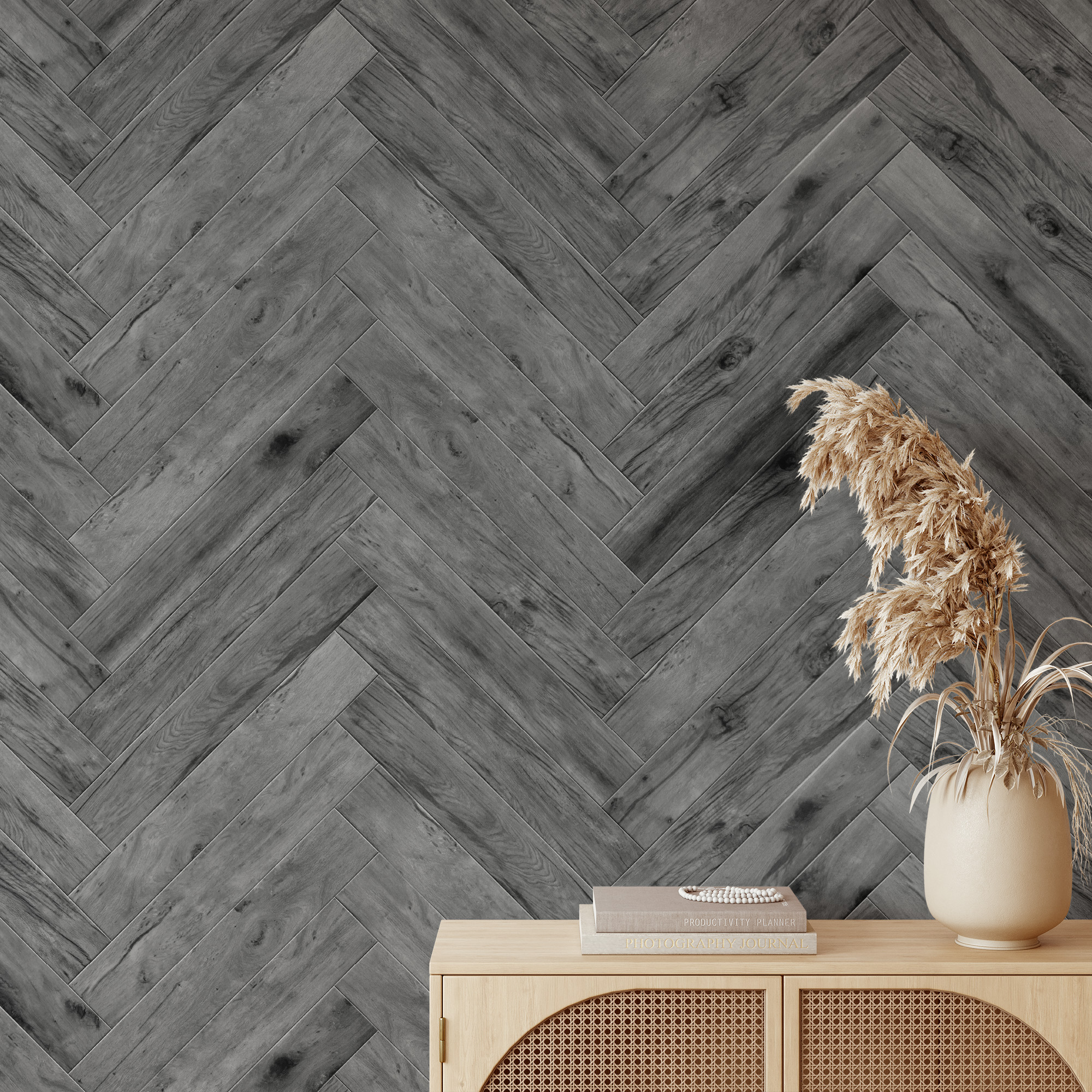 Modern Grey Herringbone Wood Peel and Stick Wallpaper, Charcoal Faux Texture Wall Mural, Rustic Industrial Removable Wallpaper