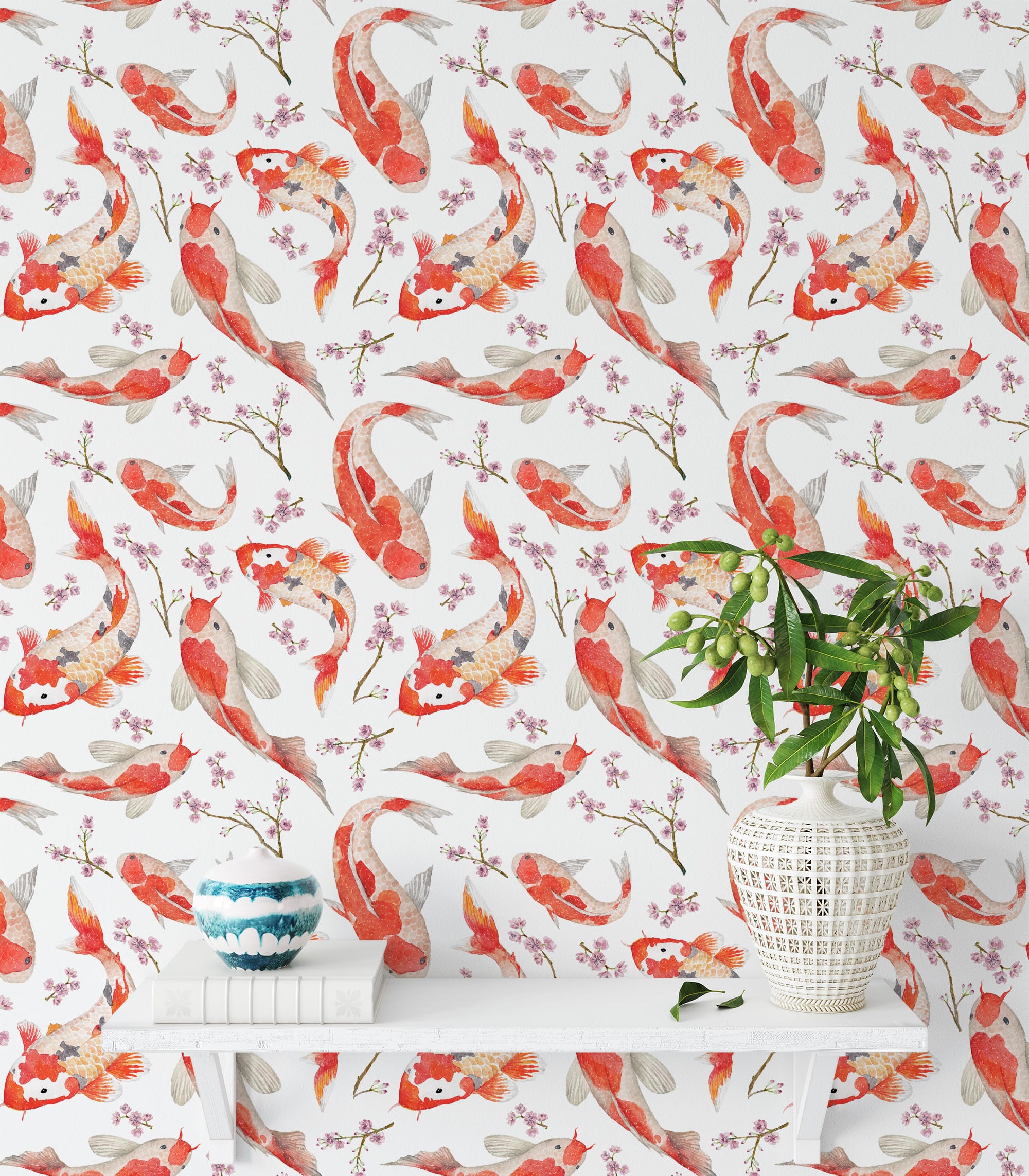 Japanese Watercolor Koi Fish Peel and Stick Wallpaper, Cherry Blossom Floral Wall Mural, Zen Nature Inspired Removable Wallpaper