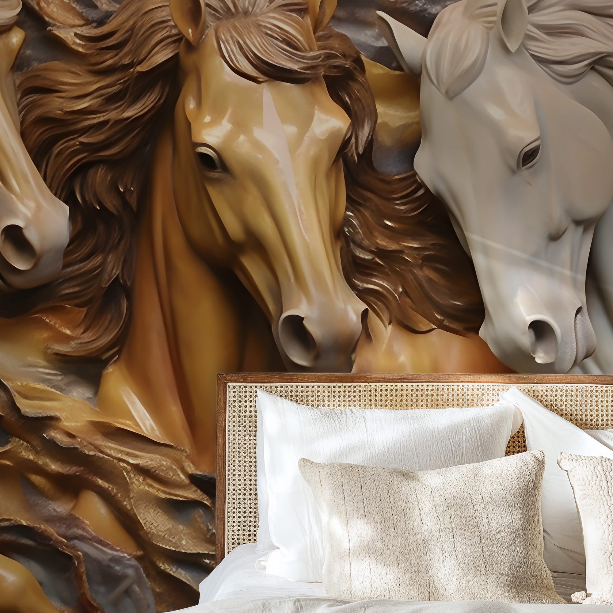 3D Running Horses Peel and Stick Wallpaper, Majestic Animal Sculpture Wall Mural, Gold and Brown Faux Relief Removable Wallpaper