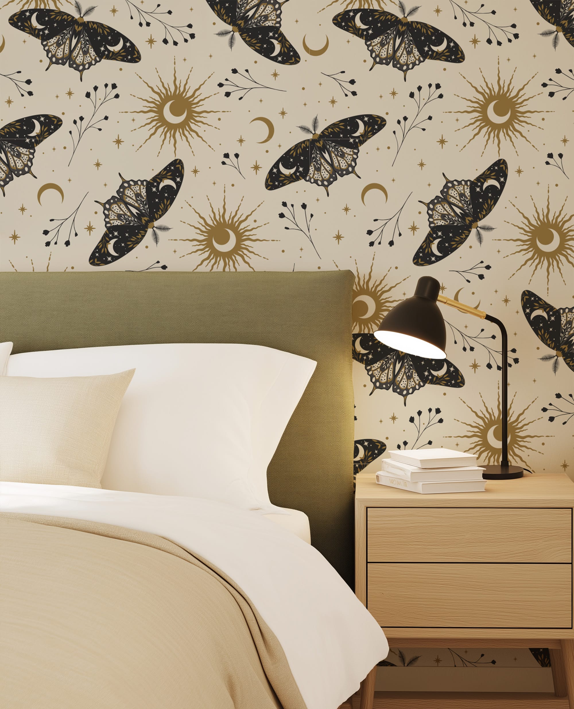 Mystical Celestial Moth Peel and Stick Wallpaper, Antique Gold Sun and Moon Wall Mural, Vintage Occult Nature Removable Wallpaper