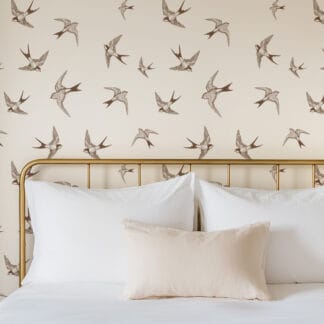 Vintage Minimalist Swallow Bird Peel and Stick Wallpaper, Hand-Drawn Sepia Animal Wall Mural, Neutral Nature Self Adhesive Wallpaper