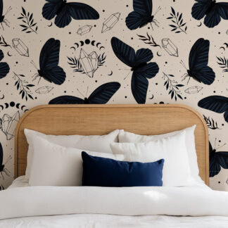 Mystical Dark Academia Moth Peel and Stick Wallpaper, Celestial Moon and Crystal Wall Mural, Vintage Black Butterfly Removable Wallpaper