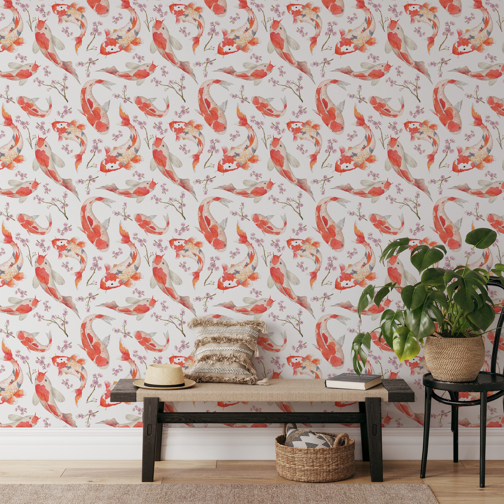 Japanese Watercolor Koi Fish Peel and Stick Wallpaper, Cherry Blossom Floral Wall Mural, Zen Nature Inspired Removable Wallpaper