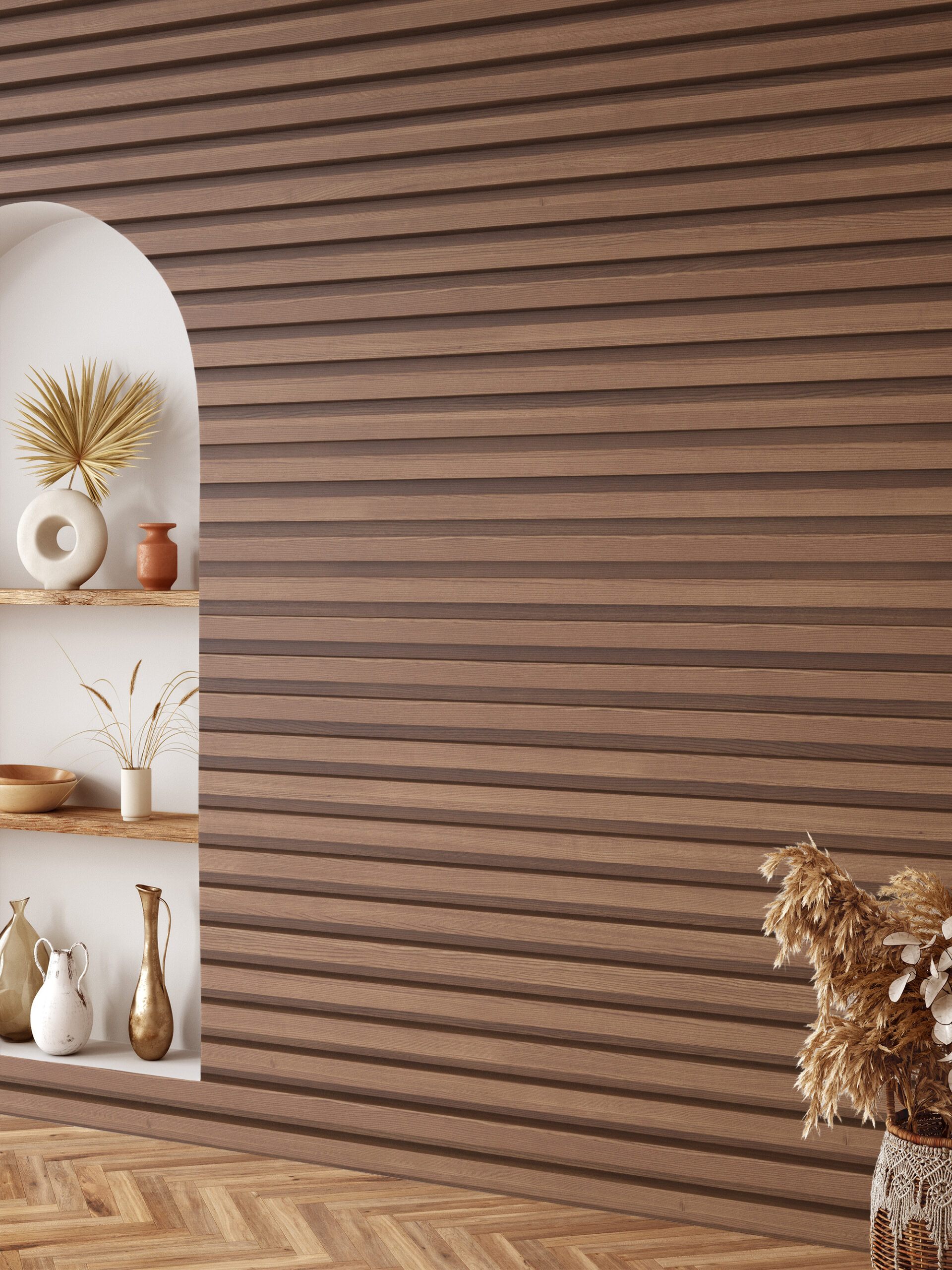 Modern Dark Walnut Horizontal Wood Slat Peel and Stick Wallpaper, Faux Timber Paneling Wall Mural, Rustic Industrial Removable Wallpaper